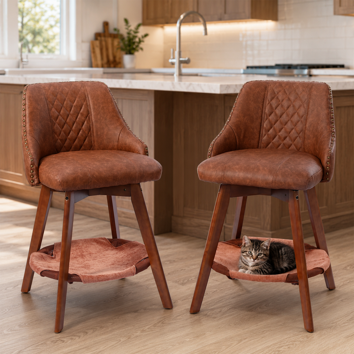 HomeMiYN Set of 2 Wooden Rotatable Padded Bar Stools with Pet Cave