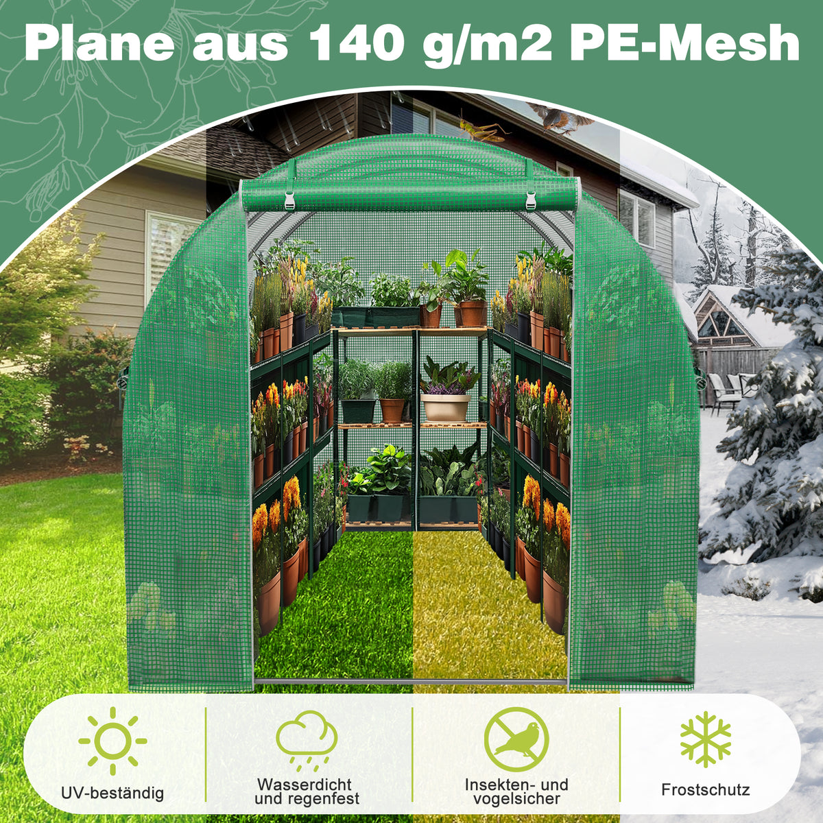 Foliengewächshaus Gewächshaus für Tomaten, mit Gitternetzfolie und Fernster für Garten zur Aufzucht, Schrägdach, Grün, 300 x 200 x 200cm (LxBxH) Mehrweg, UV-beständige Folie Garten