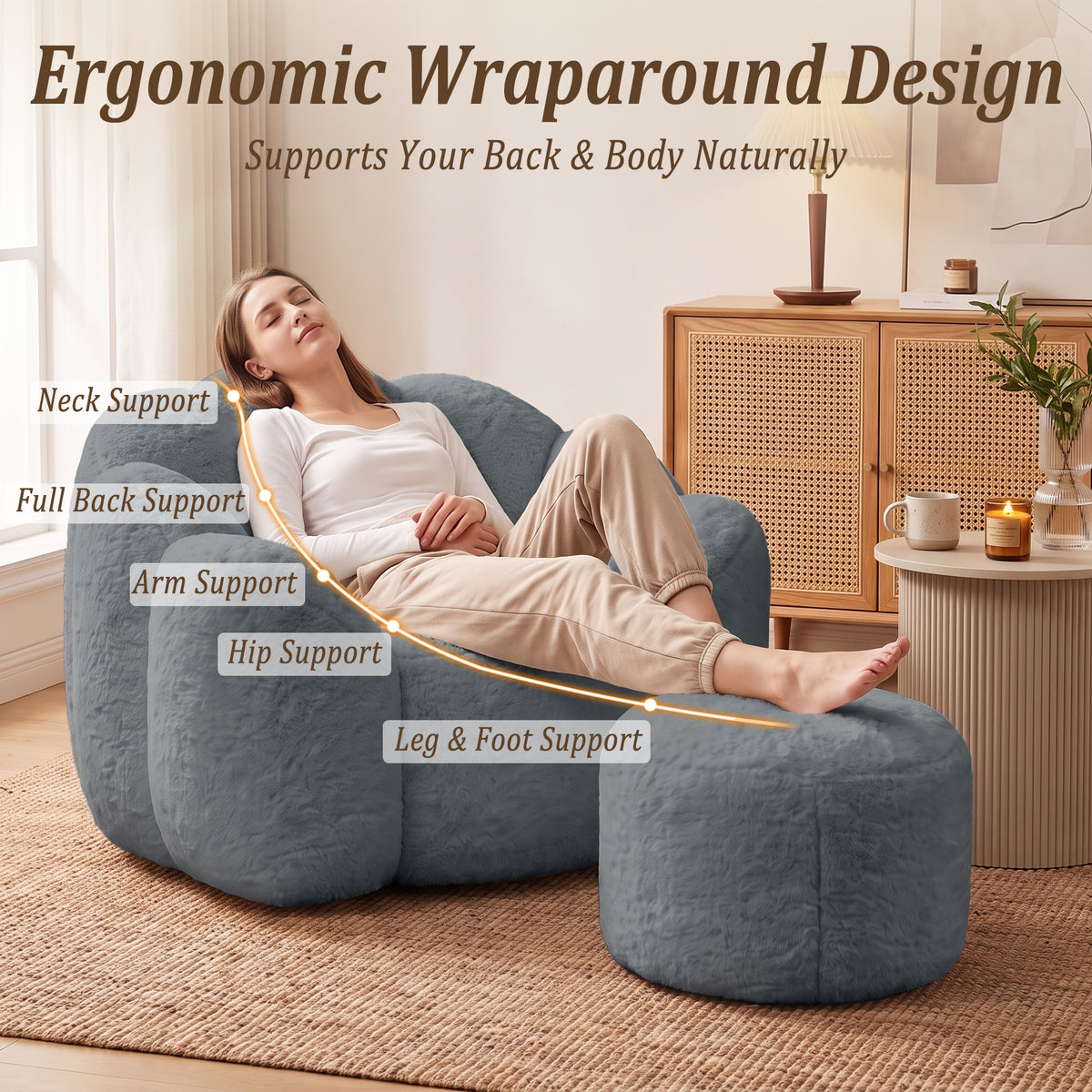 HomeMiYN Plush Bean Bag Chair with Stool for Living Room and Bedroom