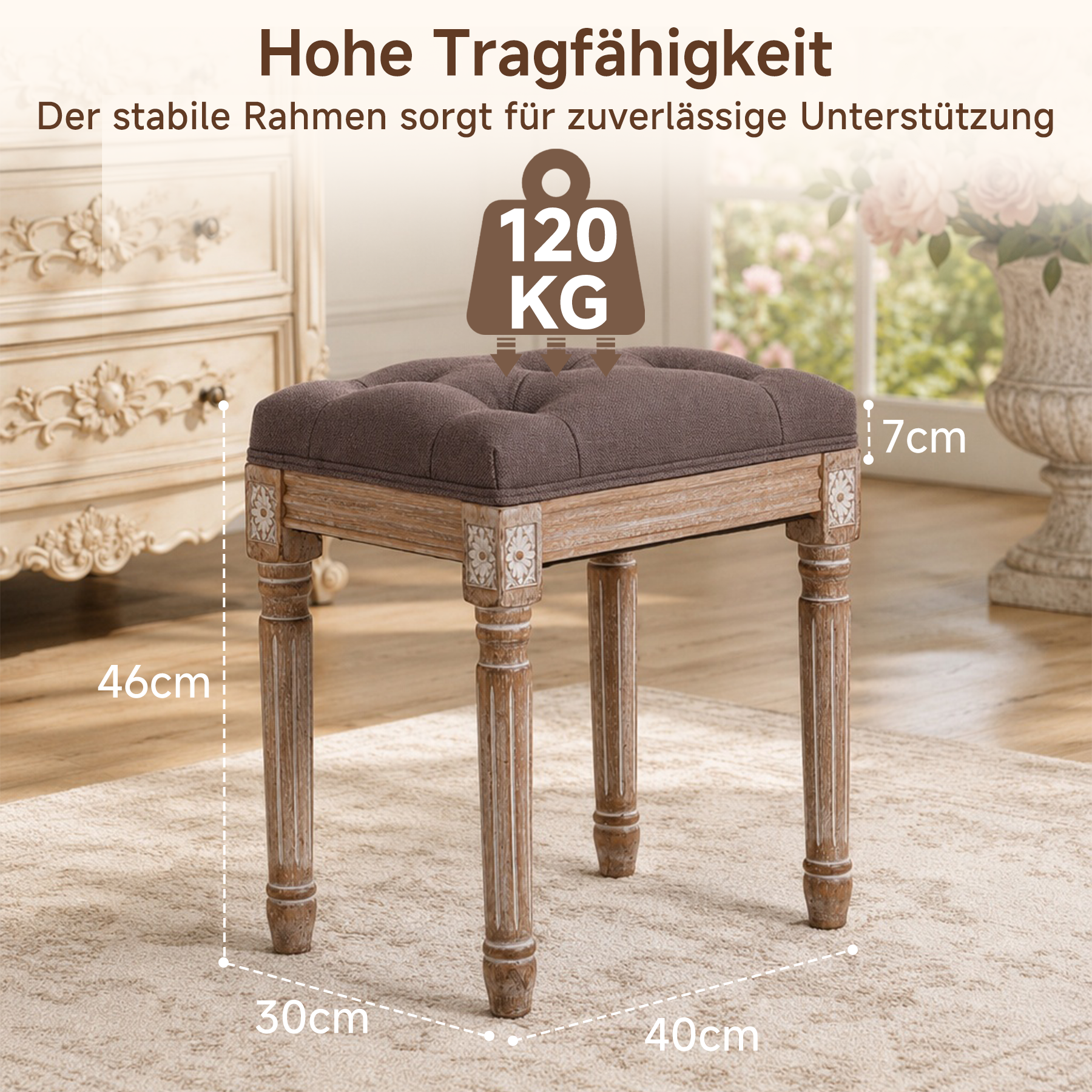Schuhhocker Vintage mit Schnitzereien, gepolsterter Sitz, Einzelsitz | Vintage Schuhhocker aus Massivholz mit Schnitzereien. Getufteter Sitz, stabiler Used-Look für Flur oder Schlafzimmer.