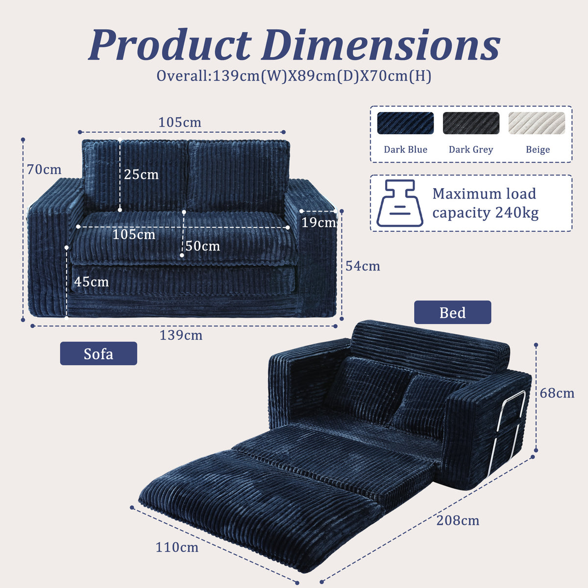 HomeMiYN 2-Seater Corduroy Sofa Bed, 140cm Wide, High Density Foam, No Assembly Required