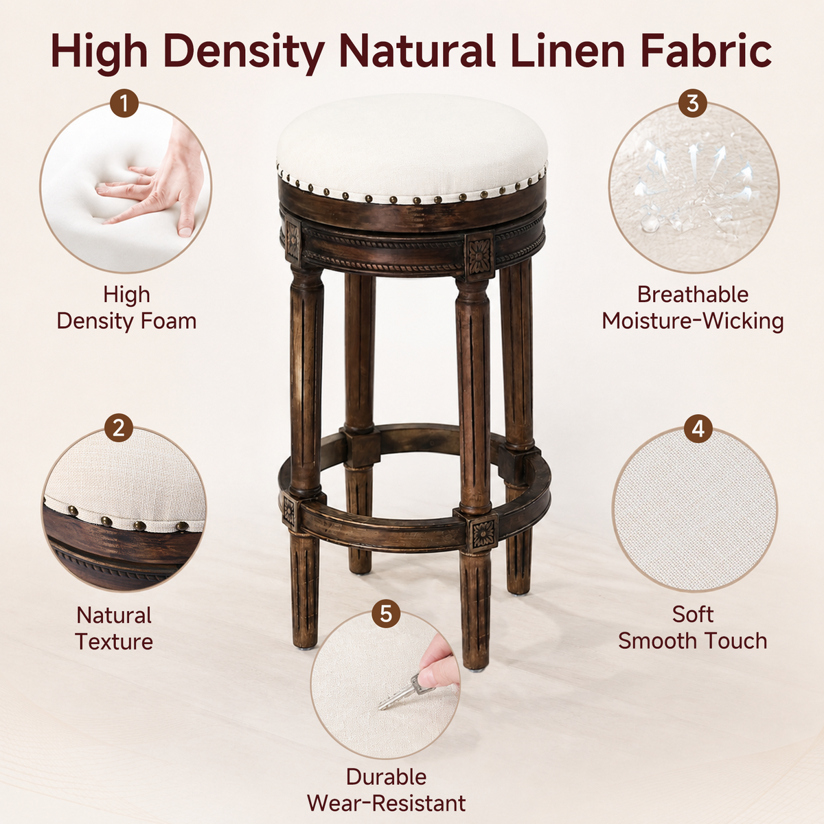 HomeMiYN Wooden Swivel Bar Stool Upholstered Retro Design with Studs