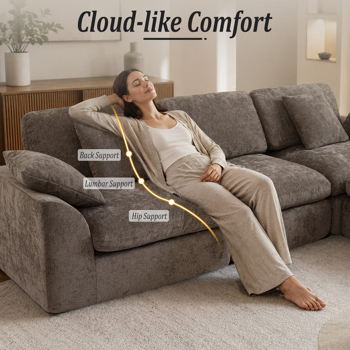 HomeMiYN 281cm 3-Seater L-Shaped Modular Corner Sofa, Chenille Fabric, Non-Vacuum Packaged