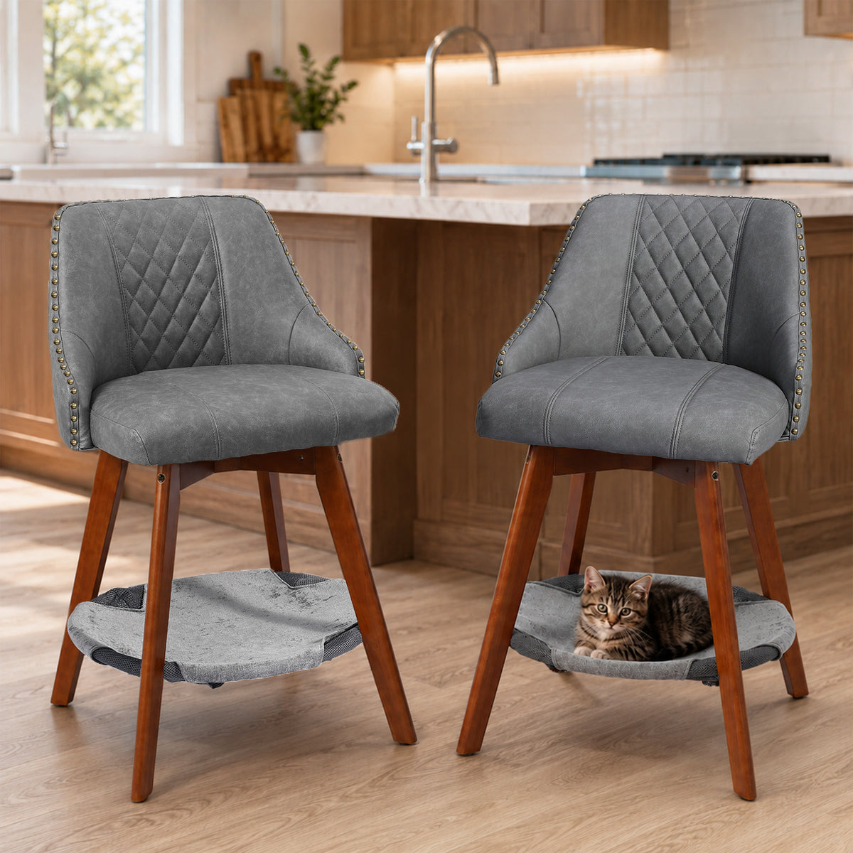 HomeMiYN Set of 2 Wooden Rotatable Padded Bar Stools with Pet Cave