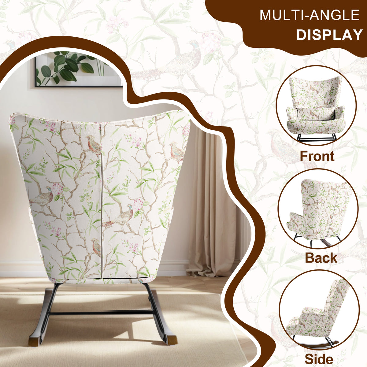 HomeMiYN Modern Single Rocking Chair, Printed Linen-Look Fabric with Ample Cushioned Seat