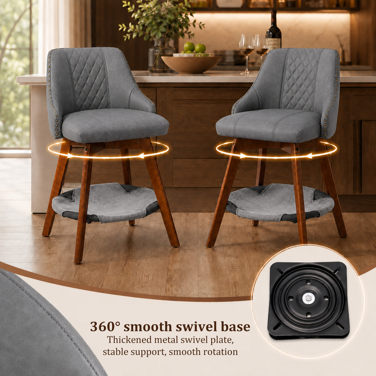 HomeMiYN Set of 2 Wooden Rotatable Padded Bar Stools with Pet Cave