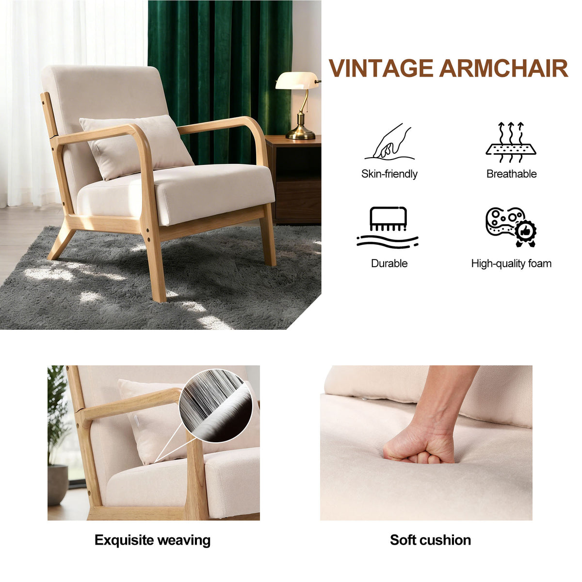 HomeMiYN Retro PU Leather Reading Chair with Ergonomic Armrests, 150kg Load Capacity, Medieval Style