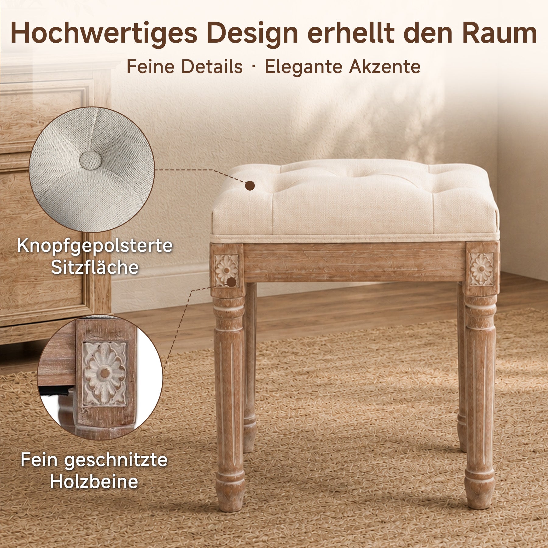 Schuhhocker Vintage mit Schnitzereien, gepolsterter Sitz, Einzelsitz | Vintage Schuhhocker aus Massivholz mit Schnitzereien. Getufteter Sitz, stabiler Used-Look für Flur oder Schlafzimmer.