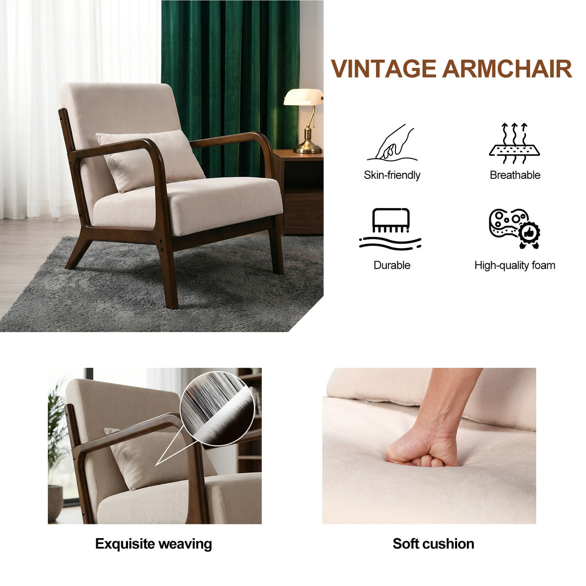 HomeMiYN Retro PU Leather Reading Chair with Ergonomic Armrests, 150kg Load Capacity, Medieval Style