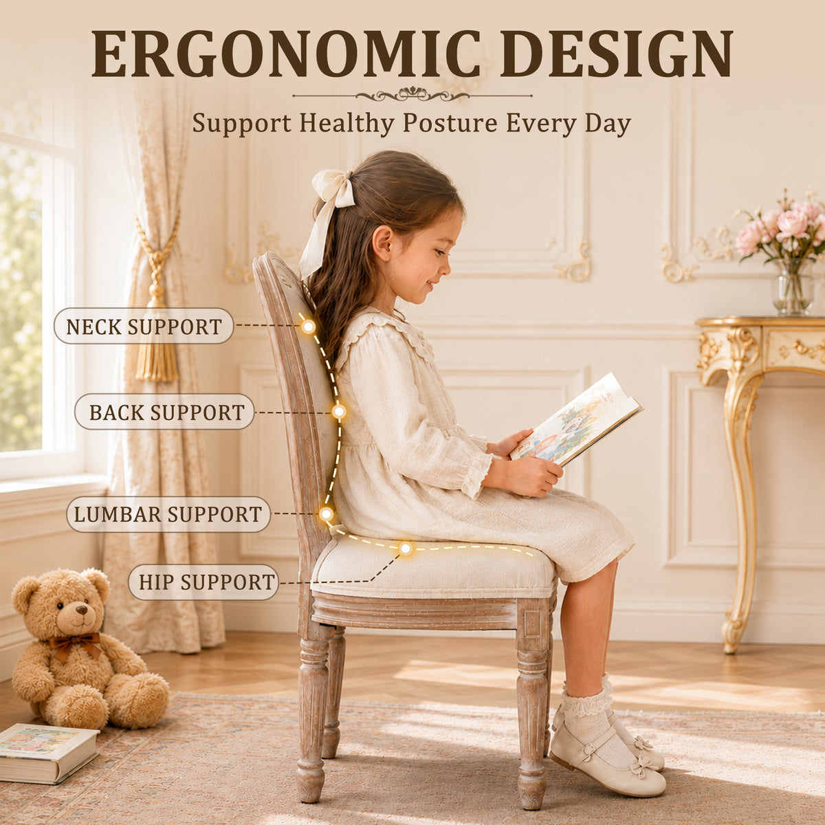 HomeMiYN Set of 2 Wooden Kids Chairs Beige Padded Seat for Ages 3+
