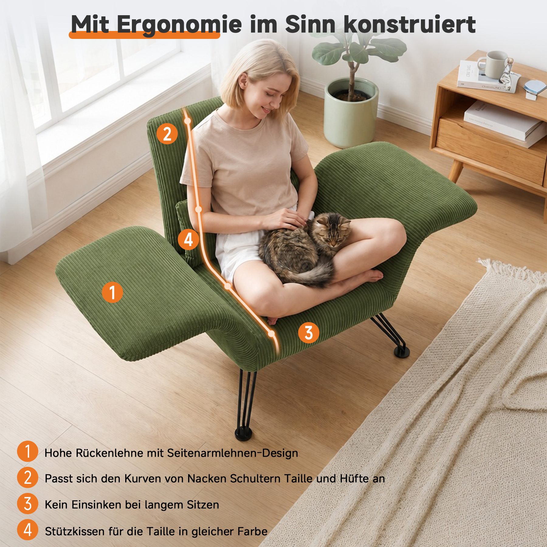 Moderner Loungesessel, Grau, Gestreifter Stoff, Metallbeine, Bequemer Relaxsessel mit Kissen,Geeignet für Wohnzimmer, Schlafzimmer und Balkon