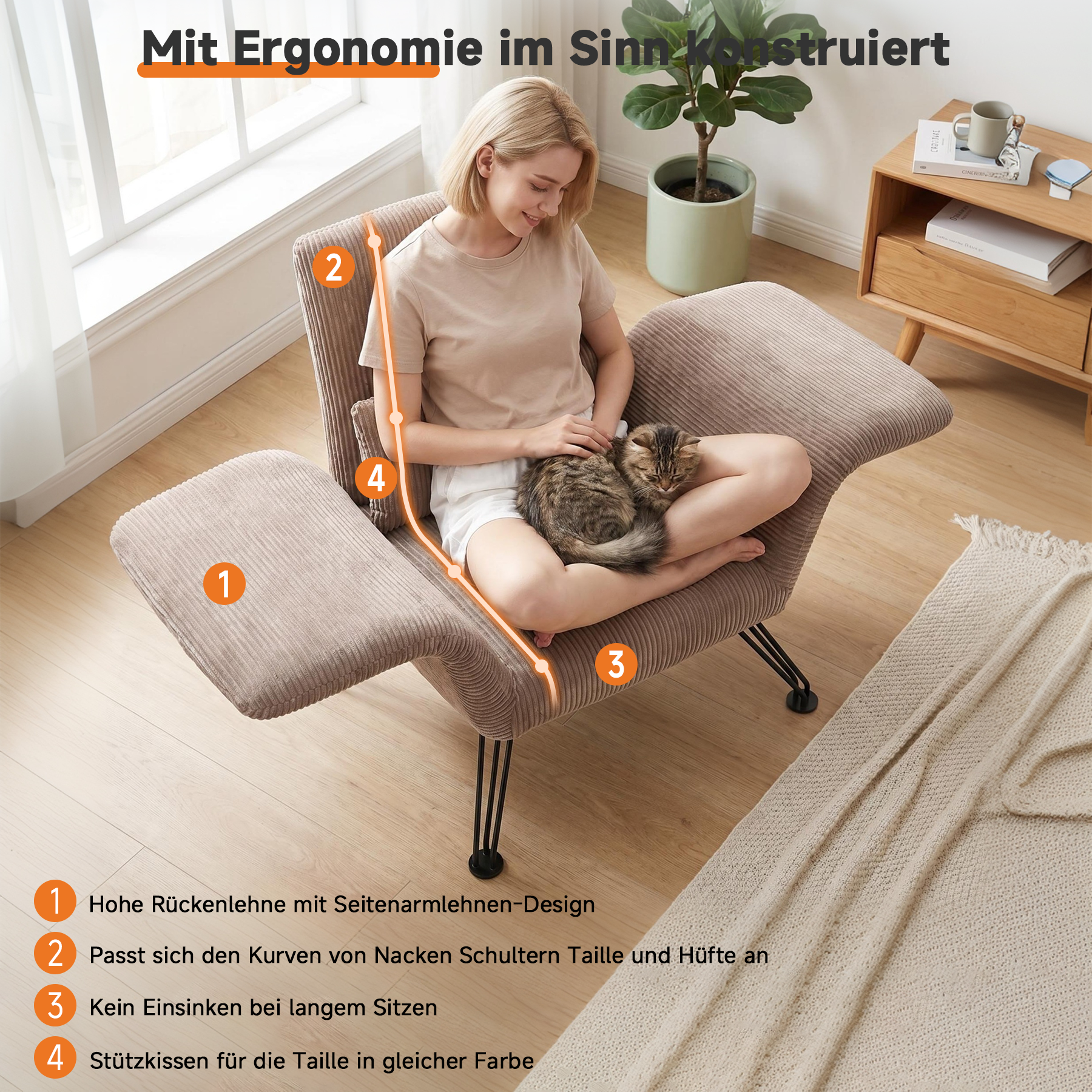 Moderner Loungesessel, Grau, Gestreifter Stoff, Metallbeine, Bequemer Relaxsessel mit Kissen,Geeignet für Wohnzimmer, Schlafzimmer und Balkon