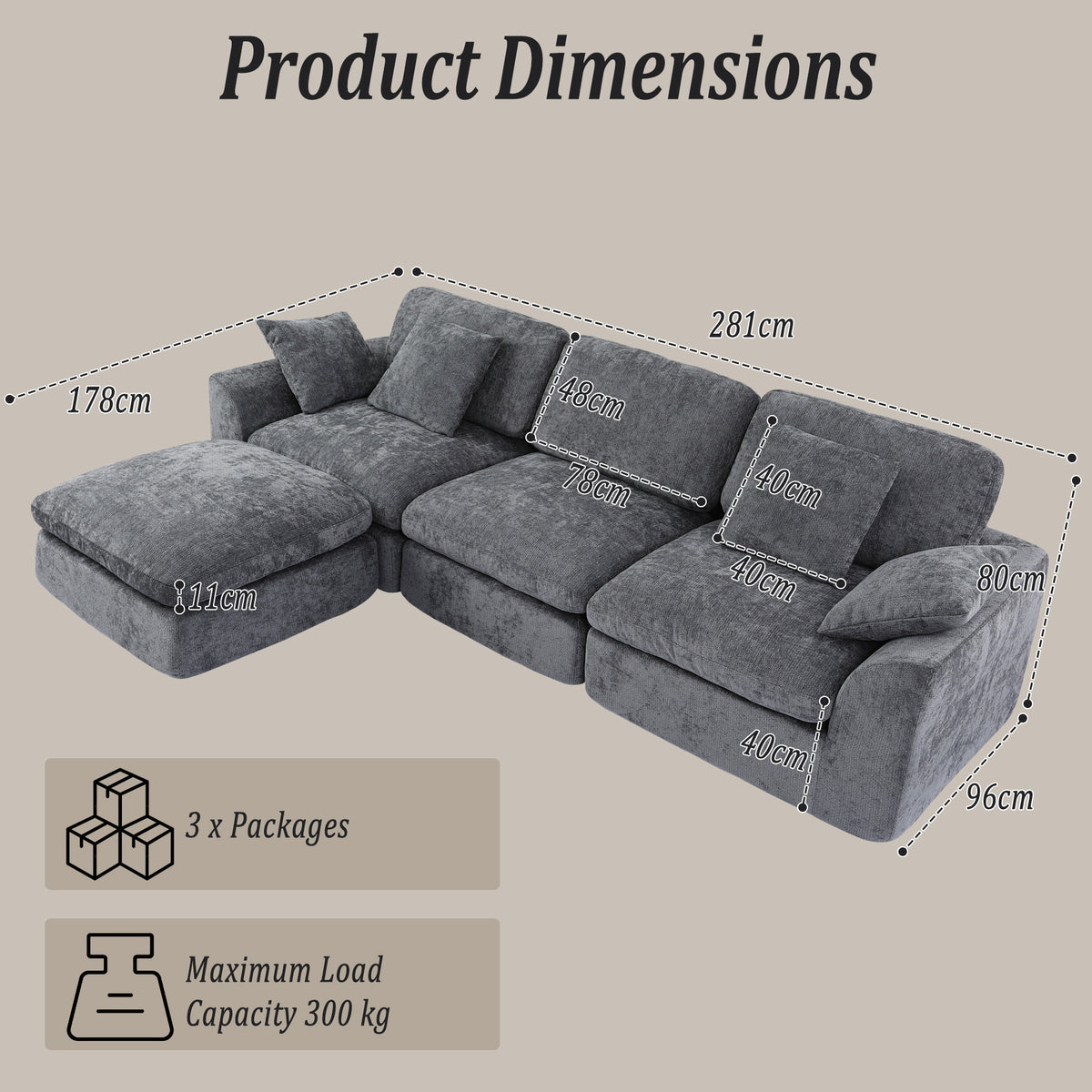 HomeMiYN 281cm 3-Seater L-Shaped Modular Corner Sofa, Chenille Fabric, Non-Vacuum Packaged