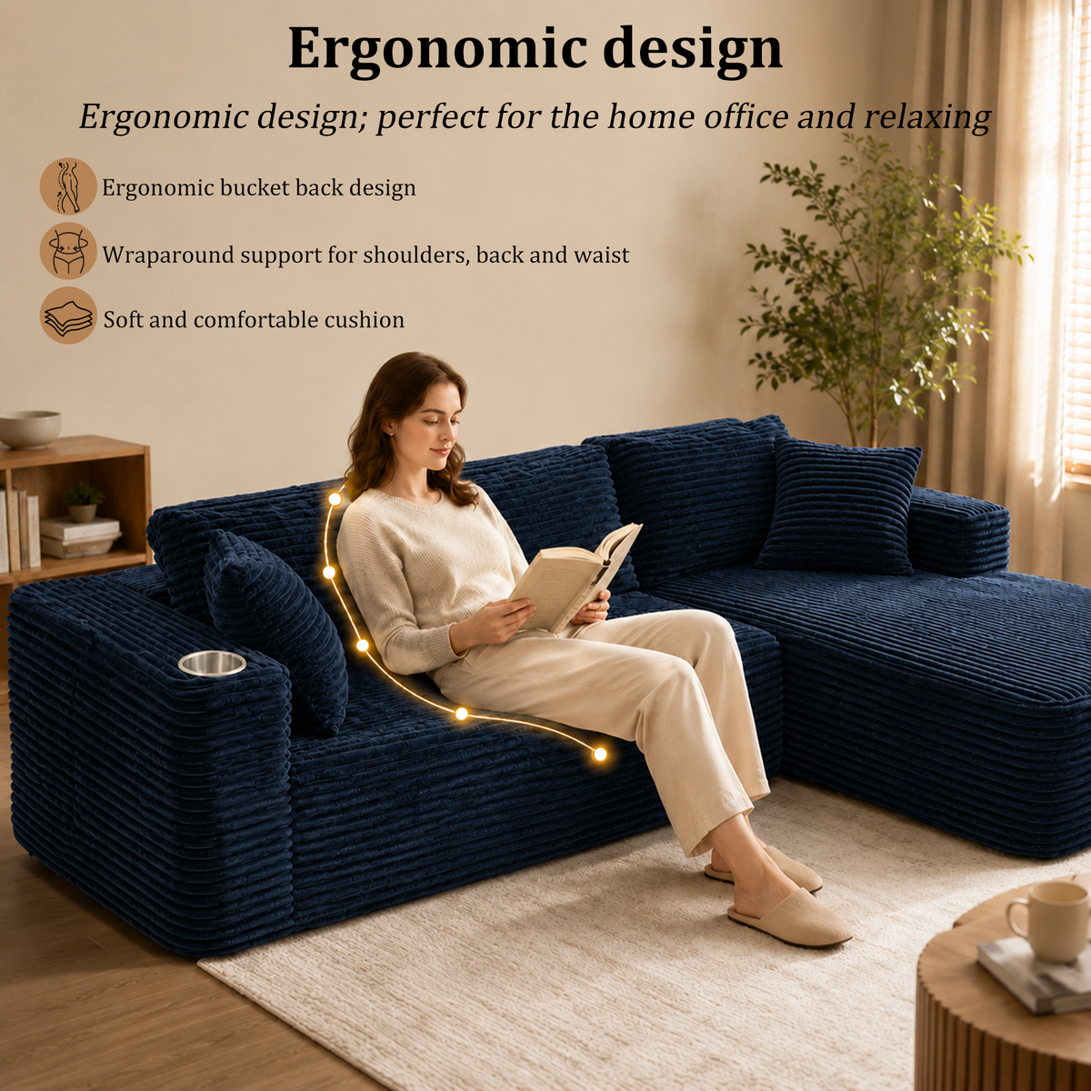 HomeMiYN 265cm 3-Seater L-Shaped Corner Sofa with Chaiselounge, No Assembly Required