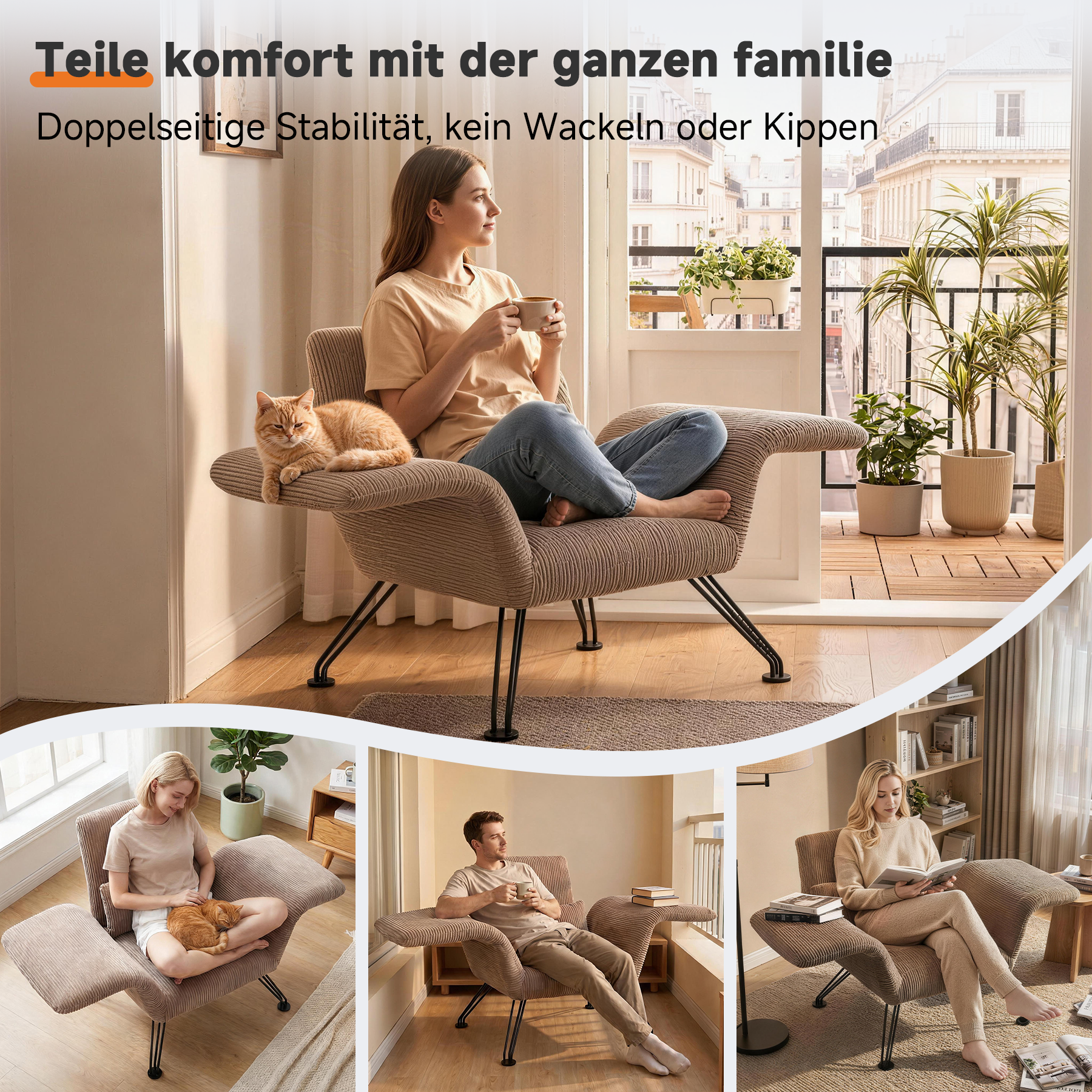 Moderner Loungesessel, Grau, Gestreifter Stoff, Metallbeine, Bequemer Relaxsessel mit Kissen,Geeignet für Wohnzimmer, Schlafzimmer und Balkon