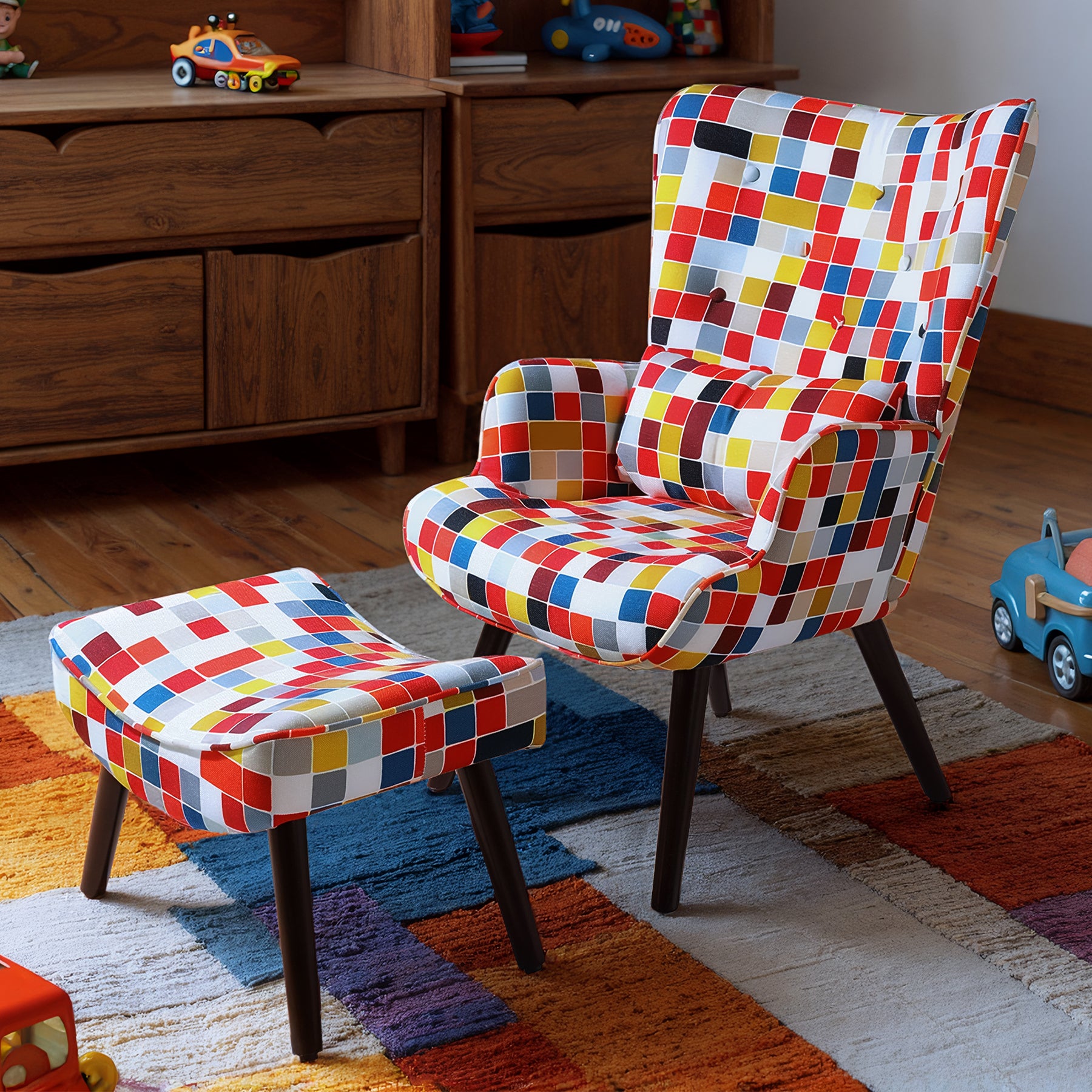 Printed Single Seater Sofa in Faux Linen Fabric