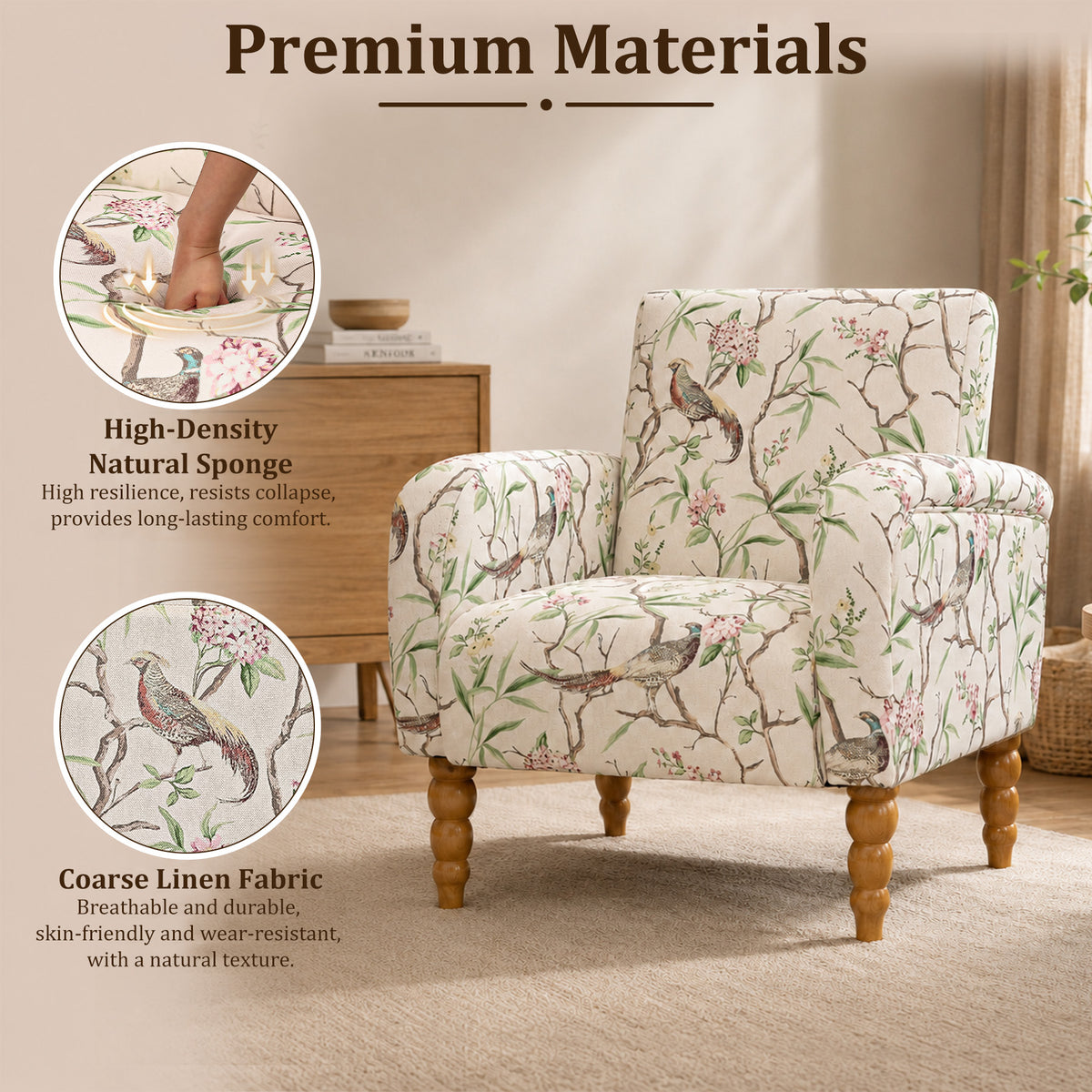 HomeMiYN Upholstered Living Room Armchair with Solid Wood Legs