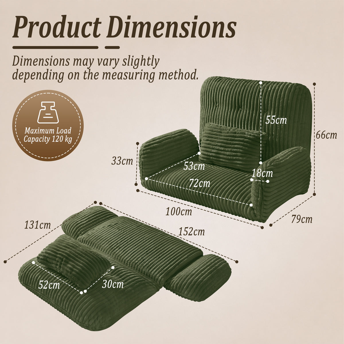 HomeMiYN Striped Plush Foldable Lazy Recliner Armchair with Cushion for Living Room and Bedroom