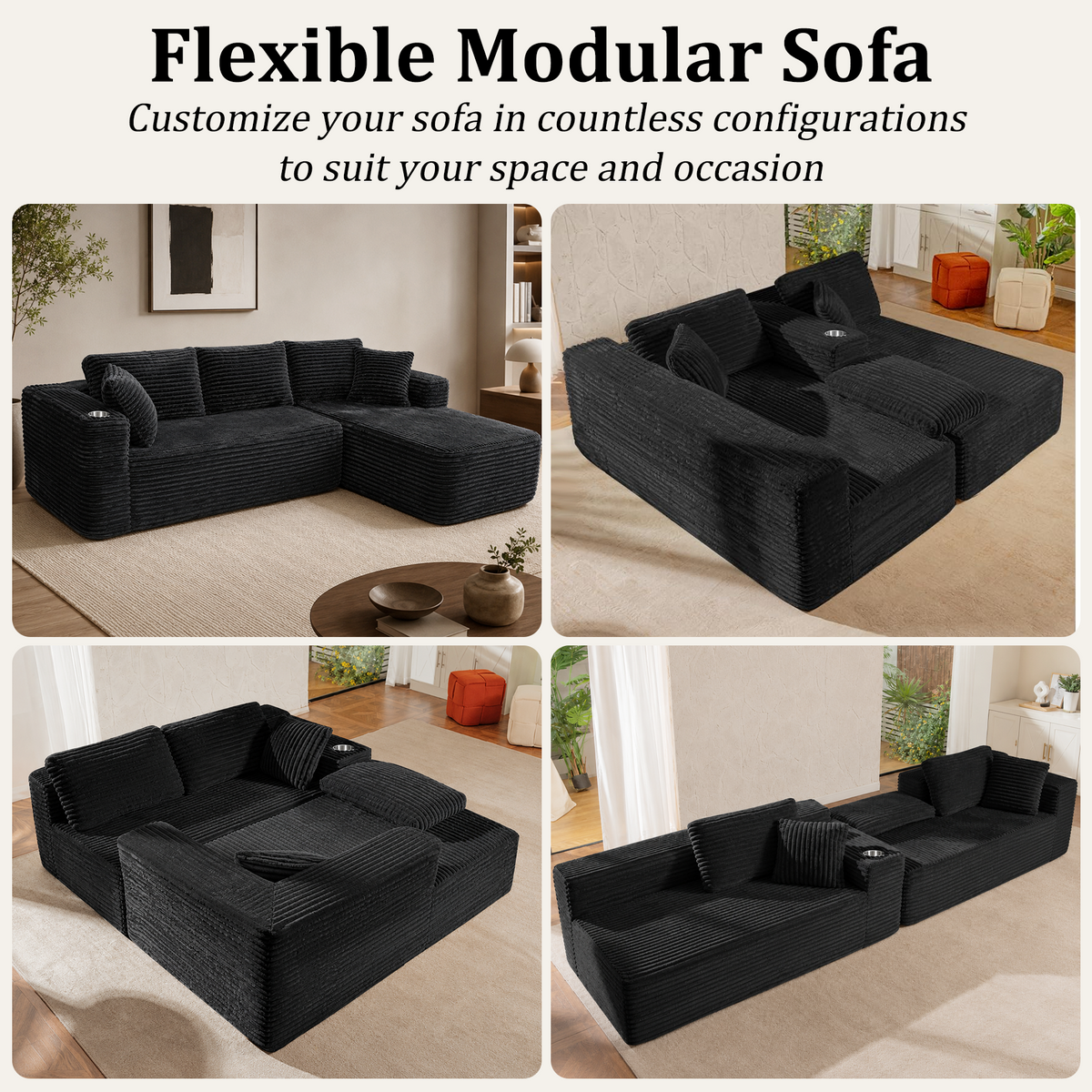 HomeMiYN 265cm 3-Seater L-Shaped Corner Sofa with Chaiselounge, No Assembly Required