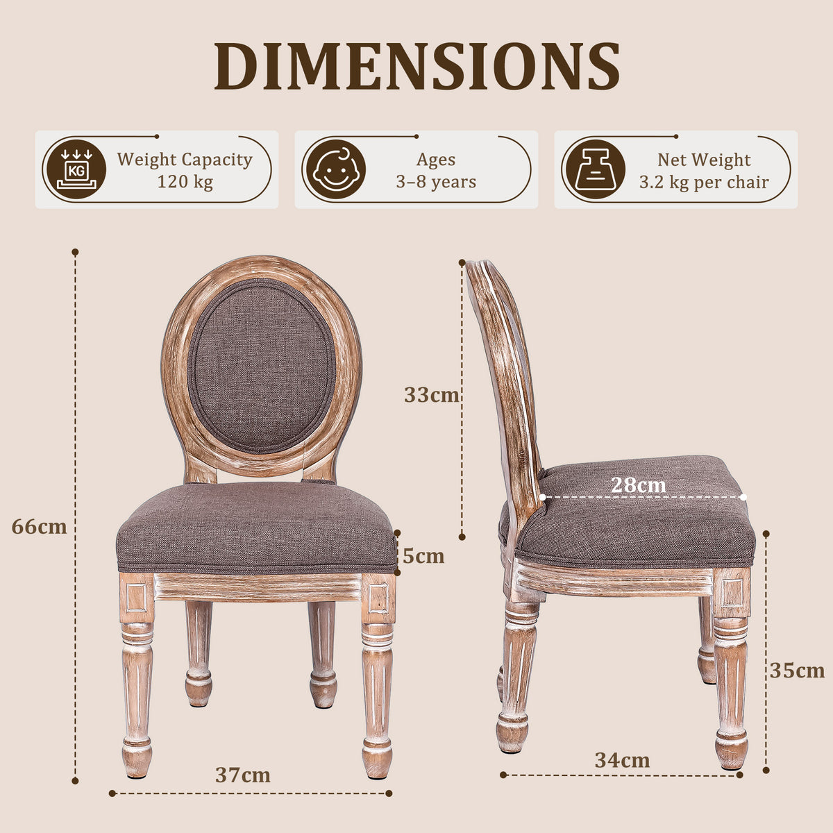 HomeMiYN Set of 2 Wooden Kids Chairs Beige Padded Seat for Ages 3+