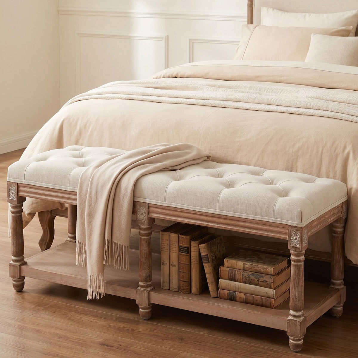 HomeMiYN 2-Seat Upholstered Storage Bench for Hallway and Bedroom