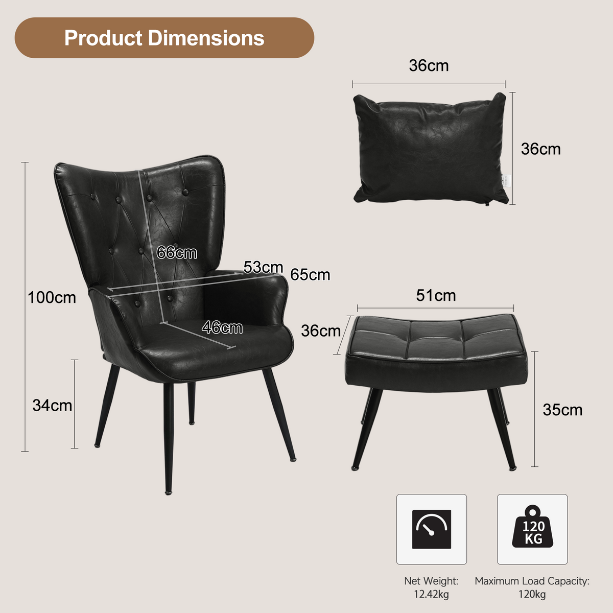 HomeMiYN PU Leather Wingback Chair with Stool & Lumbar Support Solid Wood Legs
