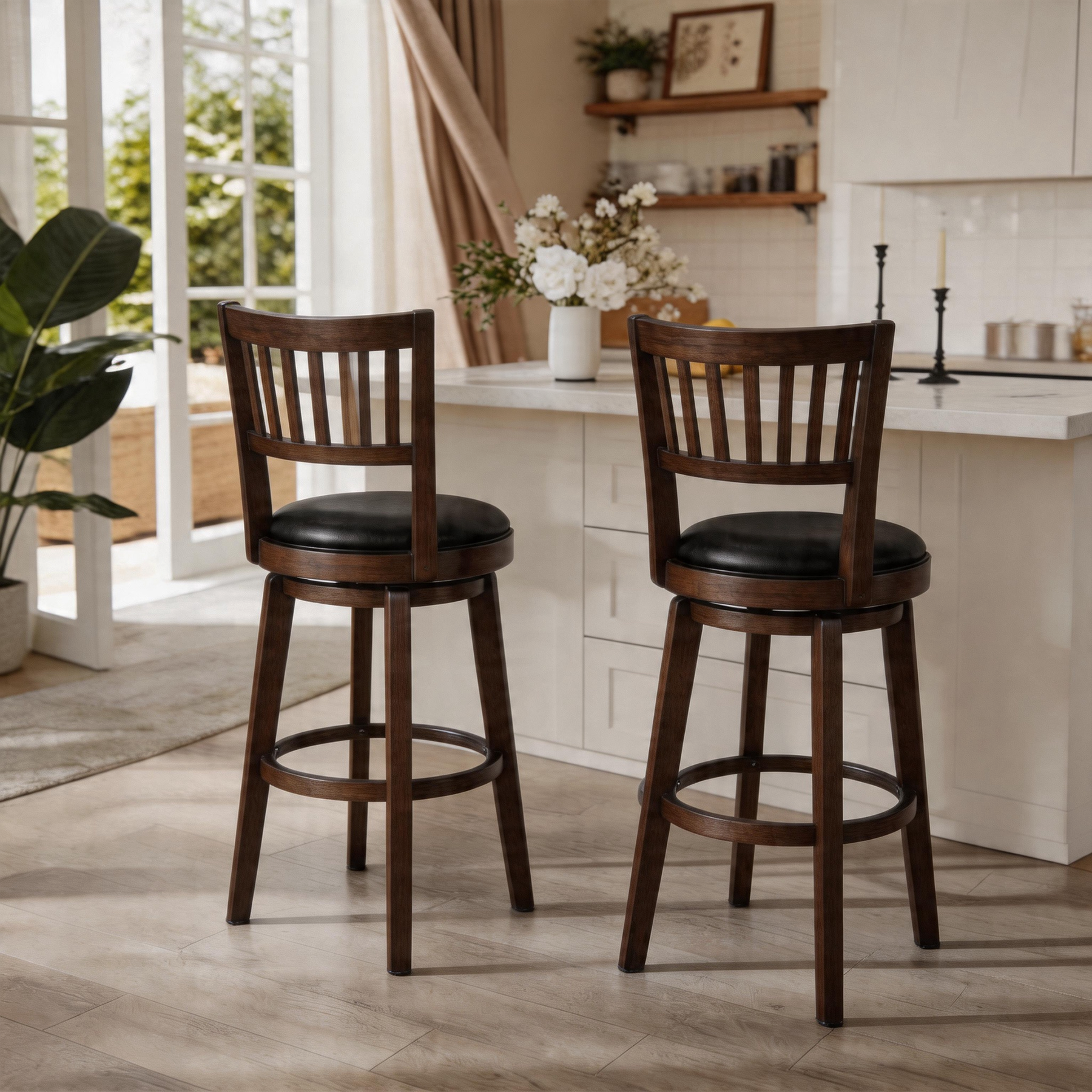 Austen 2 Set of Swivel Bar Stool with Padded Back & Seat – Mid-Century Modern Counter Height Chair