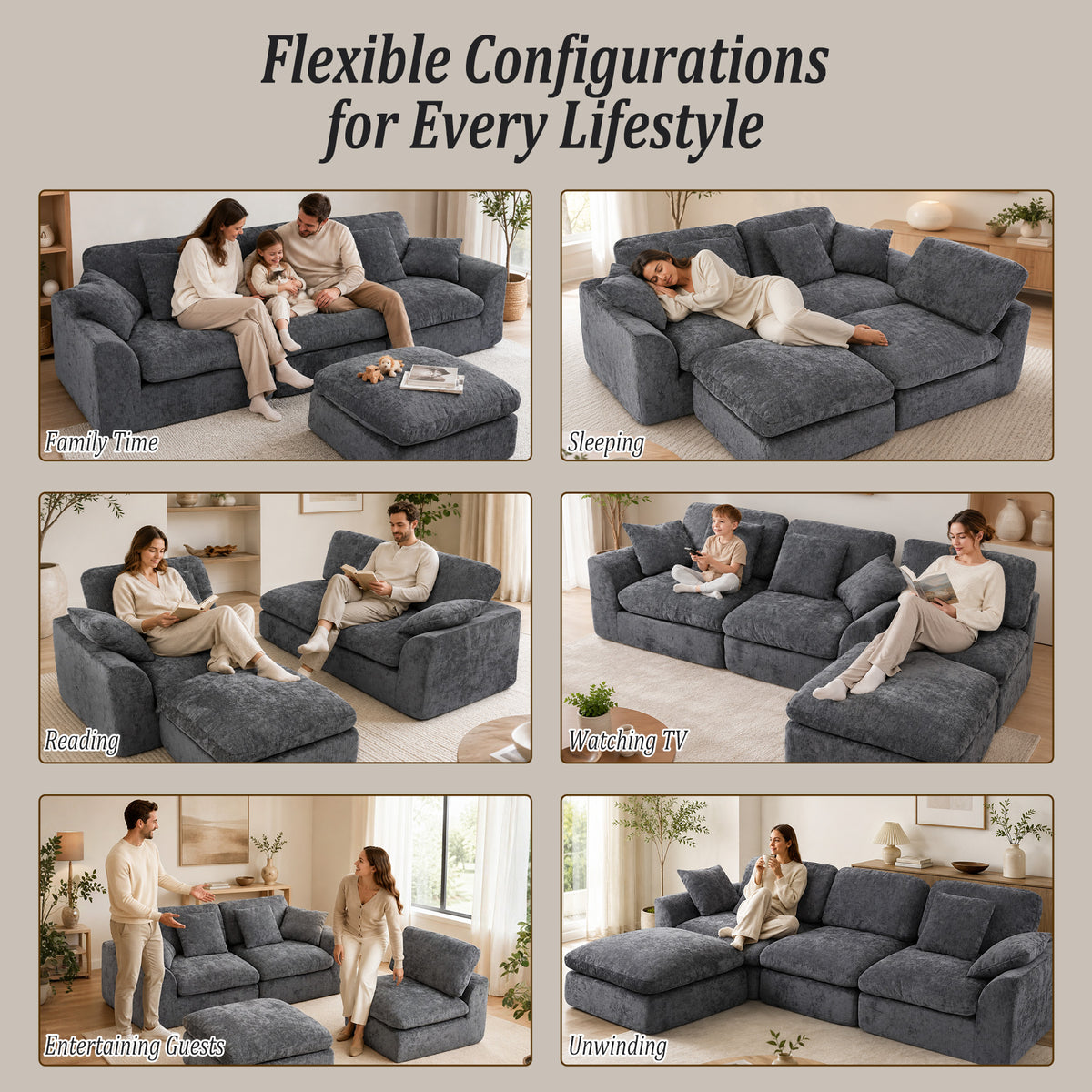 HomeMiYN 281cm 3-Seater L-Shaped Modular Corner Sofa, Chenille Fabric, Non-Vacuum Packaged