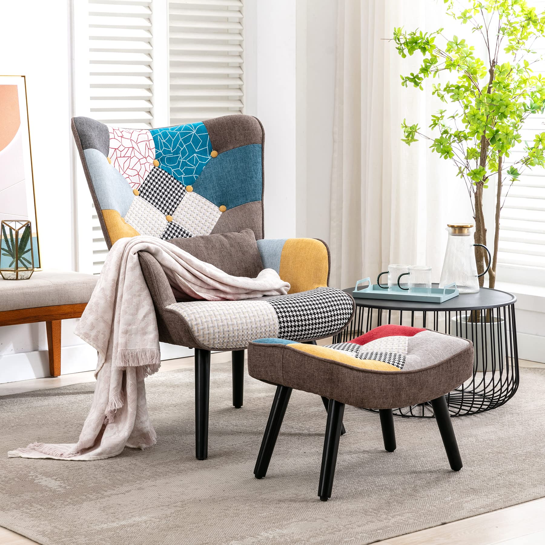 HomeMiYN Patchwork Chair,Accent Armchair with Ottoman Single Sofa Chair Brown US