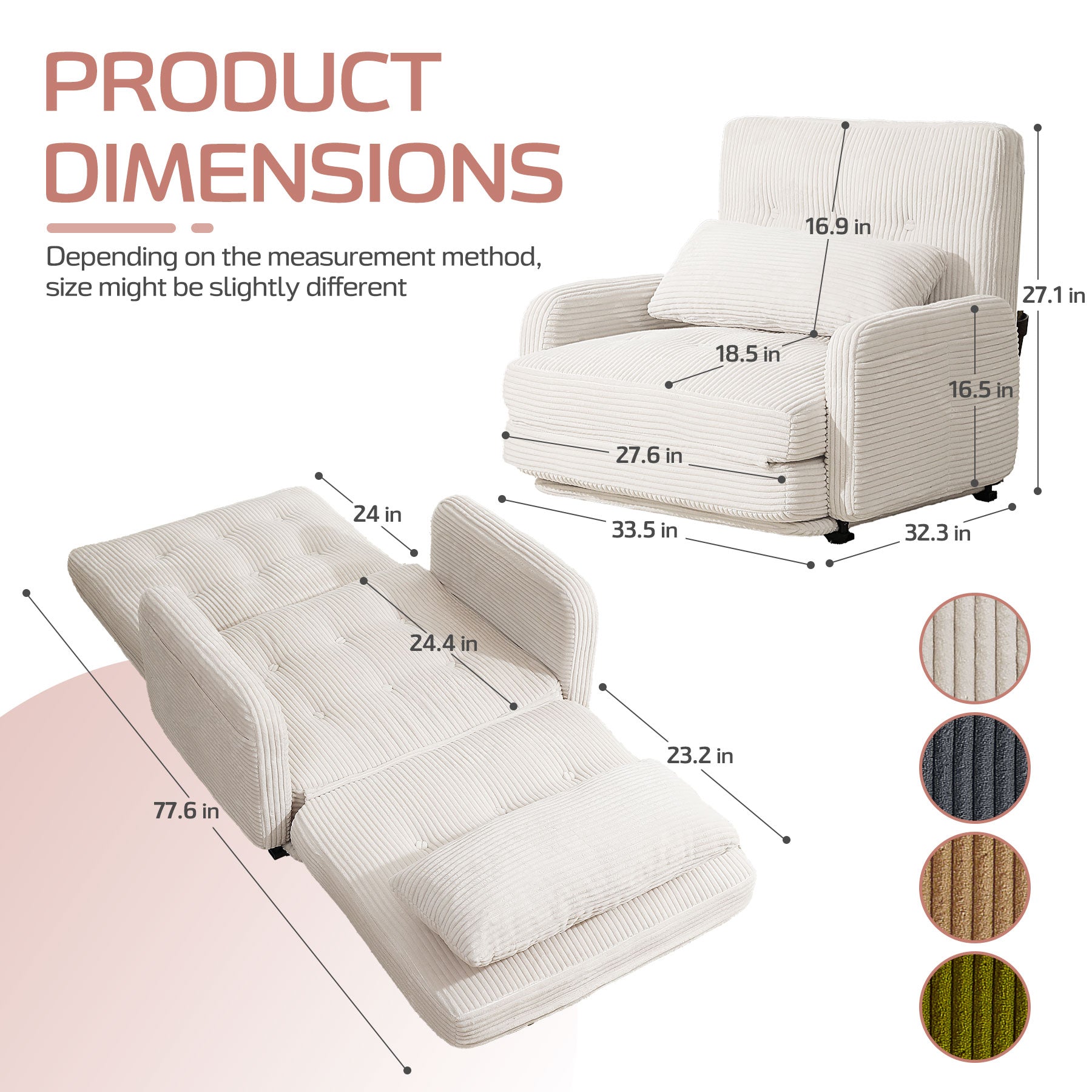 HomeMiYN Folding Sofa Bed, With 5-Position Adjustable Back Support