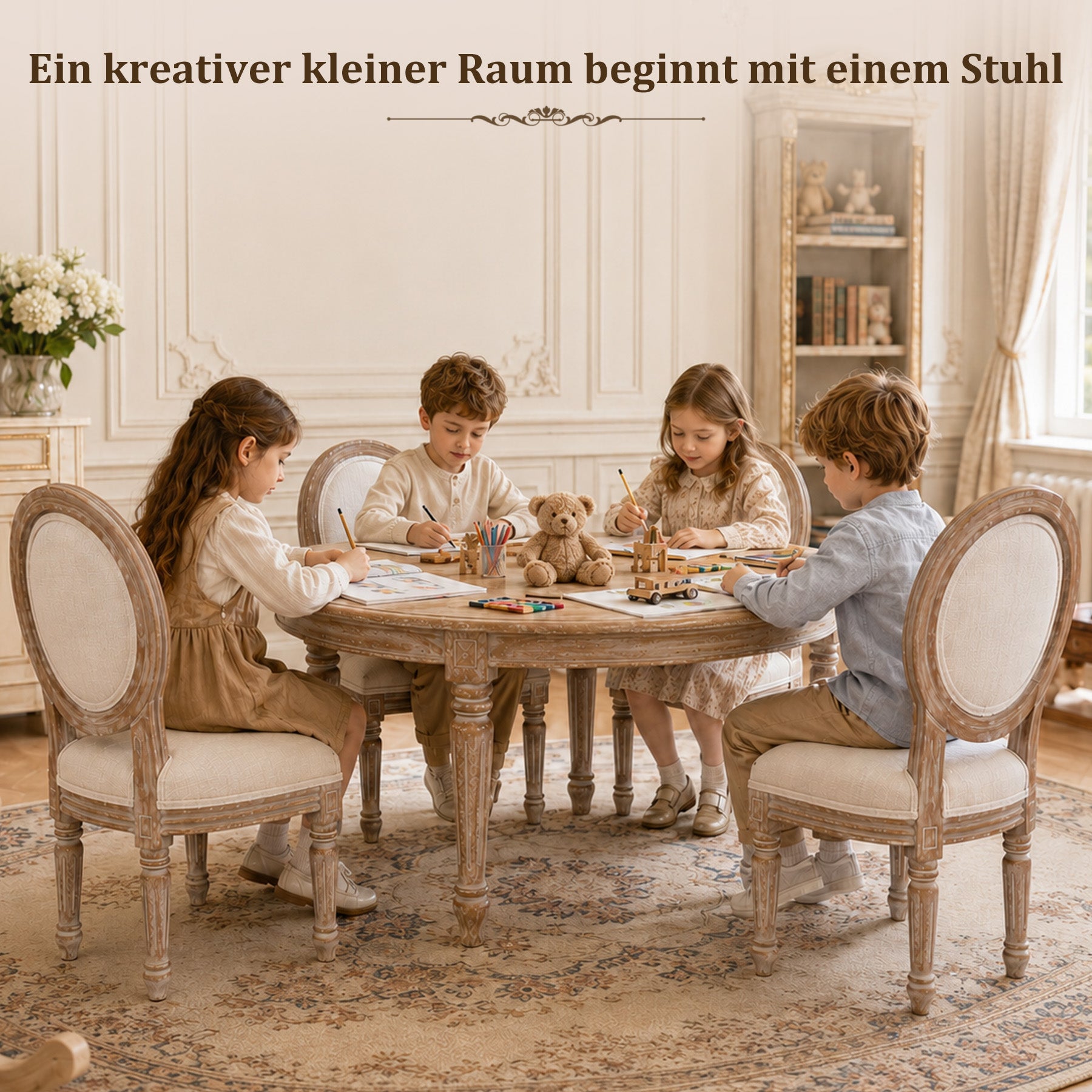 Kinder Holzstuhl,Geeignet für Kinder von 3 bis 12 Jahren,Ergonomische Sitzfläche,Medaillonstuhl Design,Leicht zu reinigen,Kinderstuhl für Zimmer und Garten,Kaffeebraun