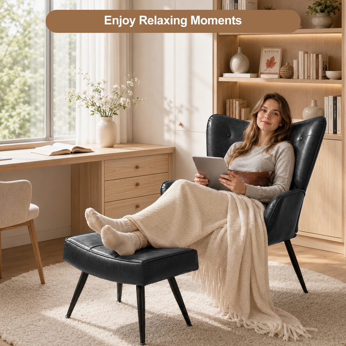 HomeMiYN PU Leather Wingback Chair with Stool & Lumbar Support Solid Wood Legs