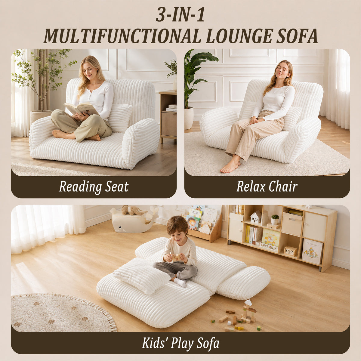 HomeMiYN Striped Plush Foldable Lazy Recliner Armchair with Cushion for Living Room and Bedroom