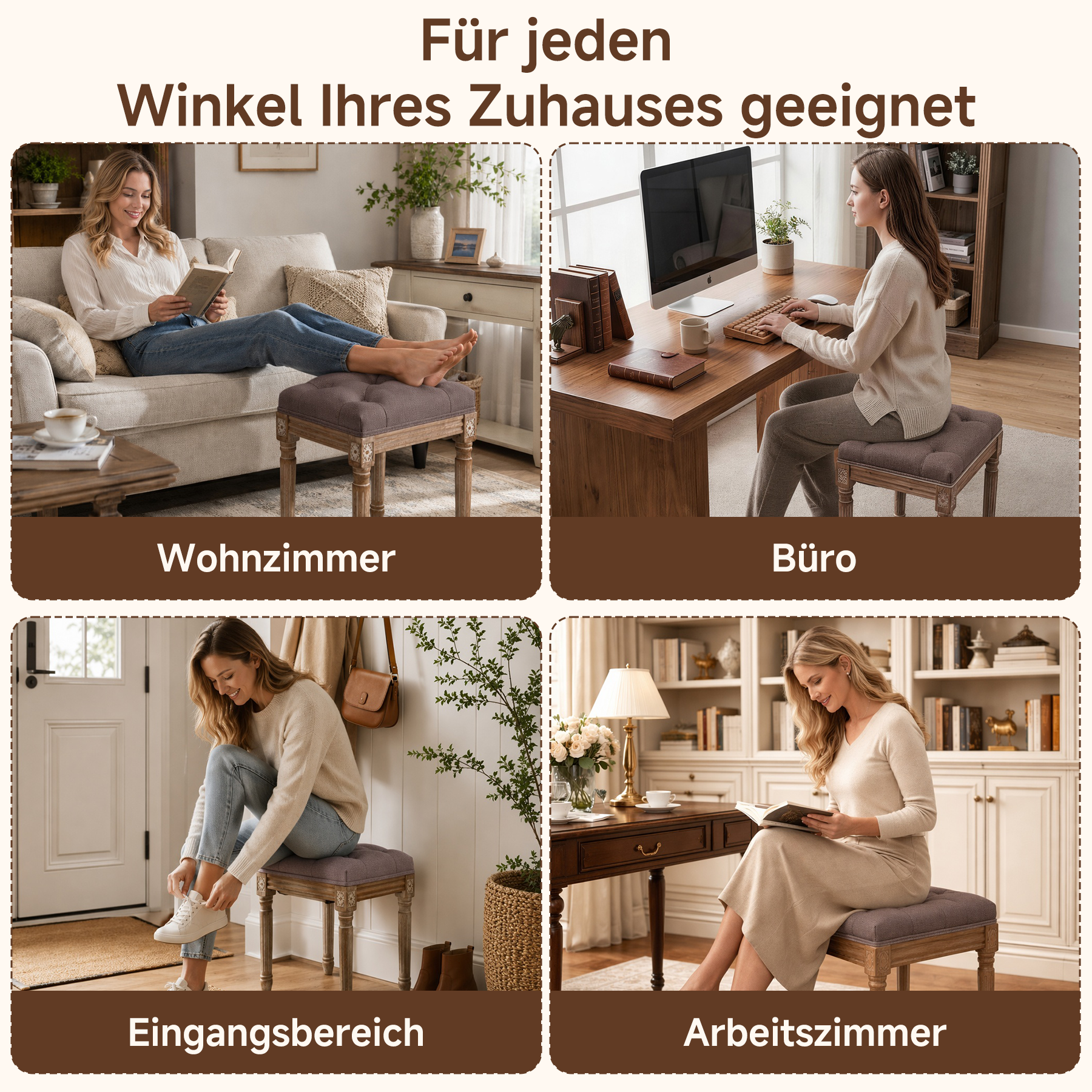 Schuhhocker Vintage mit Schnitzereien, gepolsterter Sitz, Einzelsitz | Vintage Schuhhocker aus Massivholz mit Schnitzereien. Getufteter Sitz, stabiler Used-Look für Flur oder Schlafzimmer.
