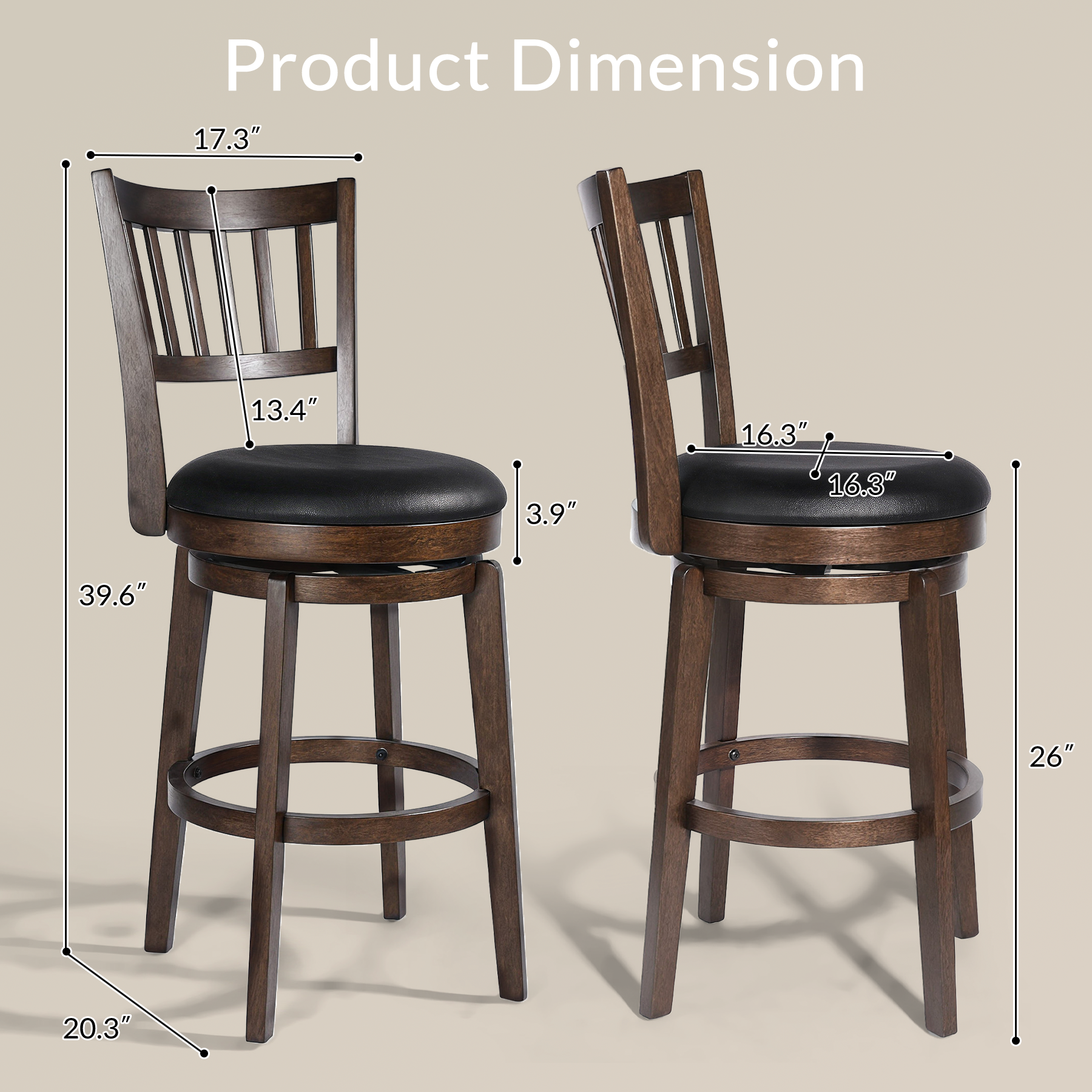 Austen 2 Set of Swivel Bar Stool with Padded Back & Seat – Mid-Century Modern Counter Height Chair