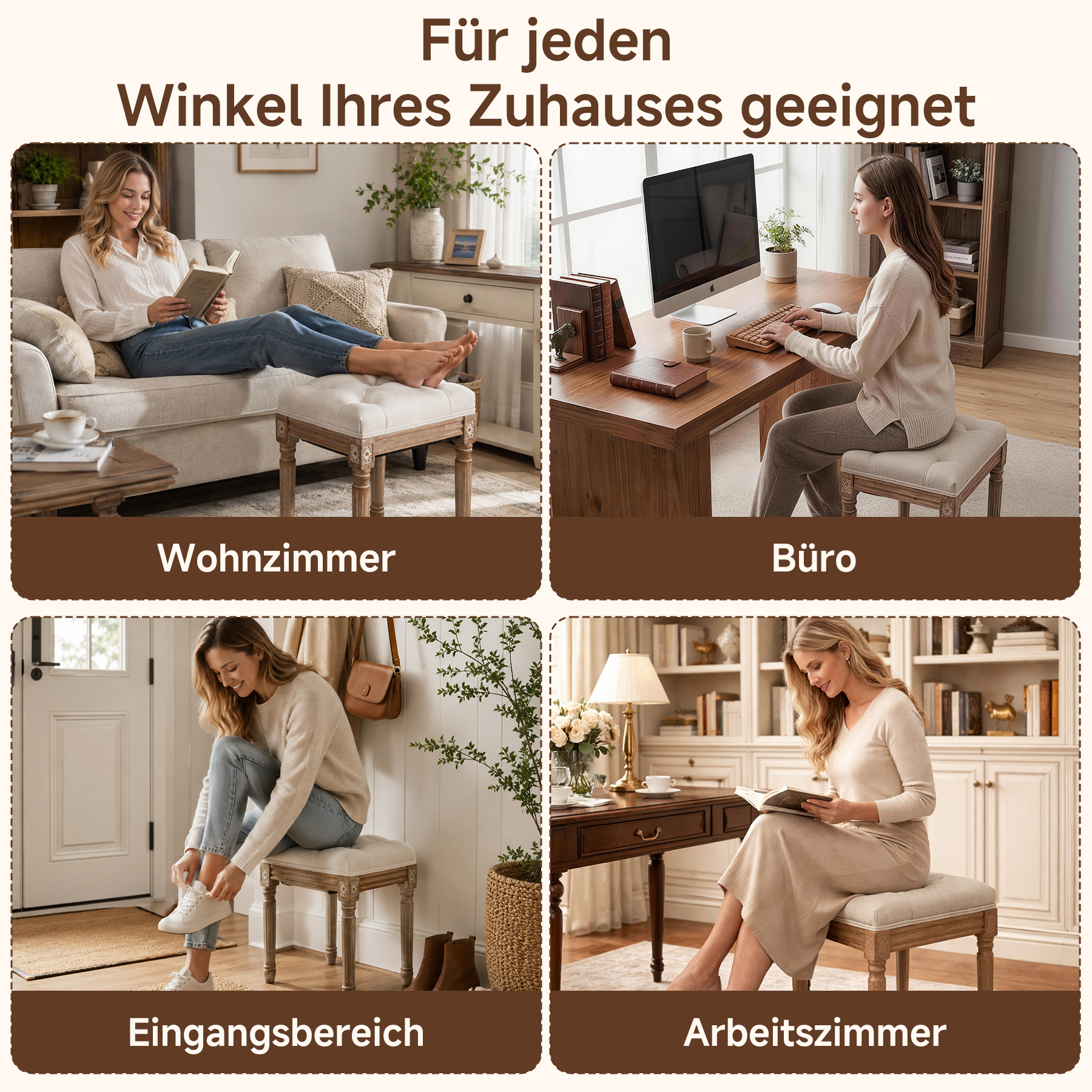 Schuhhocker Vintage mit Schnitzereien, gepolsterter Sitz, Einzelsitz | Vintage Schuhhocker aus Massivholz mit Schnitzereien. Getufteter Sitz, stabiler Used-Look für Flur oder Schlafzimmer.