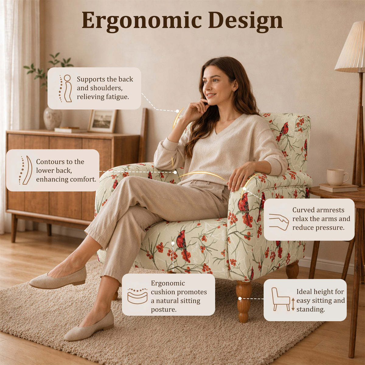 HomeMiYN Upholstered Living Room Armchair with Solid Wood Legs