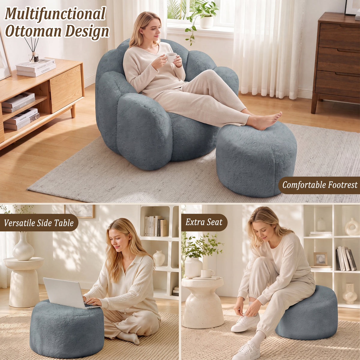 HomeMiYN Plush Bean Bag Chair with Stool for Living Room and Bedroom