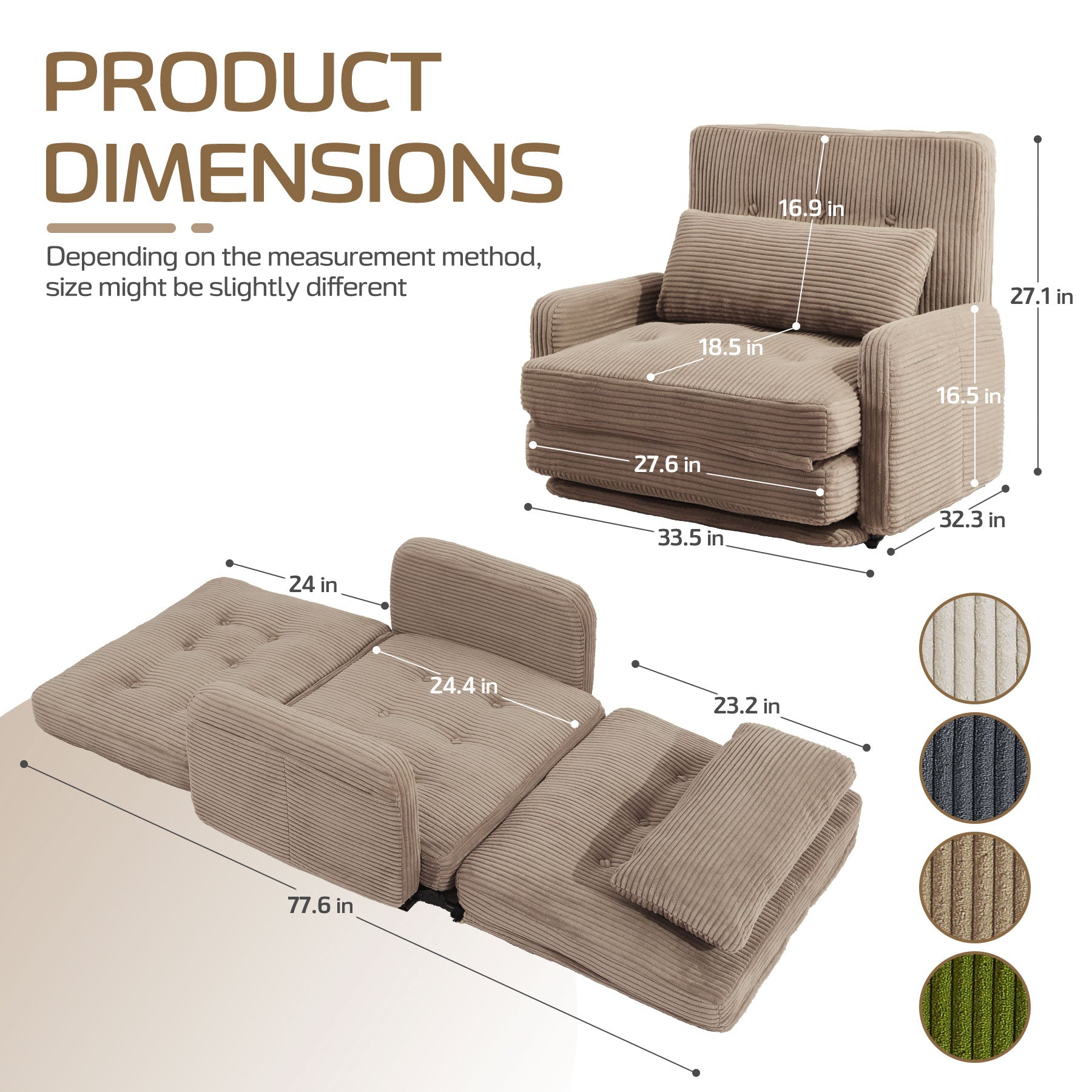 HomeMiYN Folding Sofa Bed, With 5-Position Adjustable Back Support