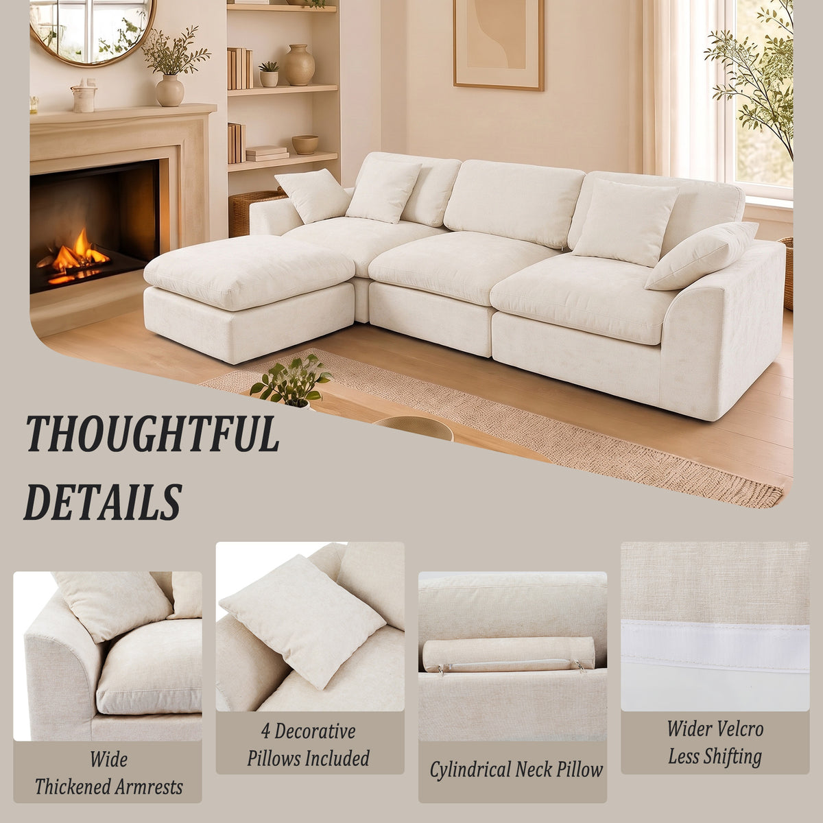 HomeMiYN 281cm 3-Seater L-Shaped Modular Corner Sofa, Chenille Fabric, Non-Vacuum Packaged
