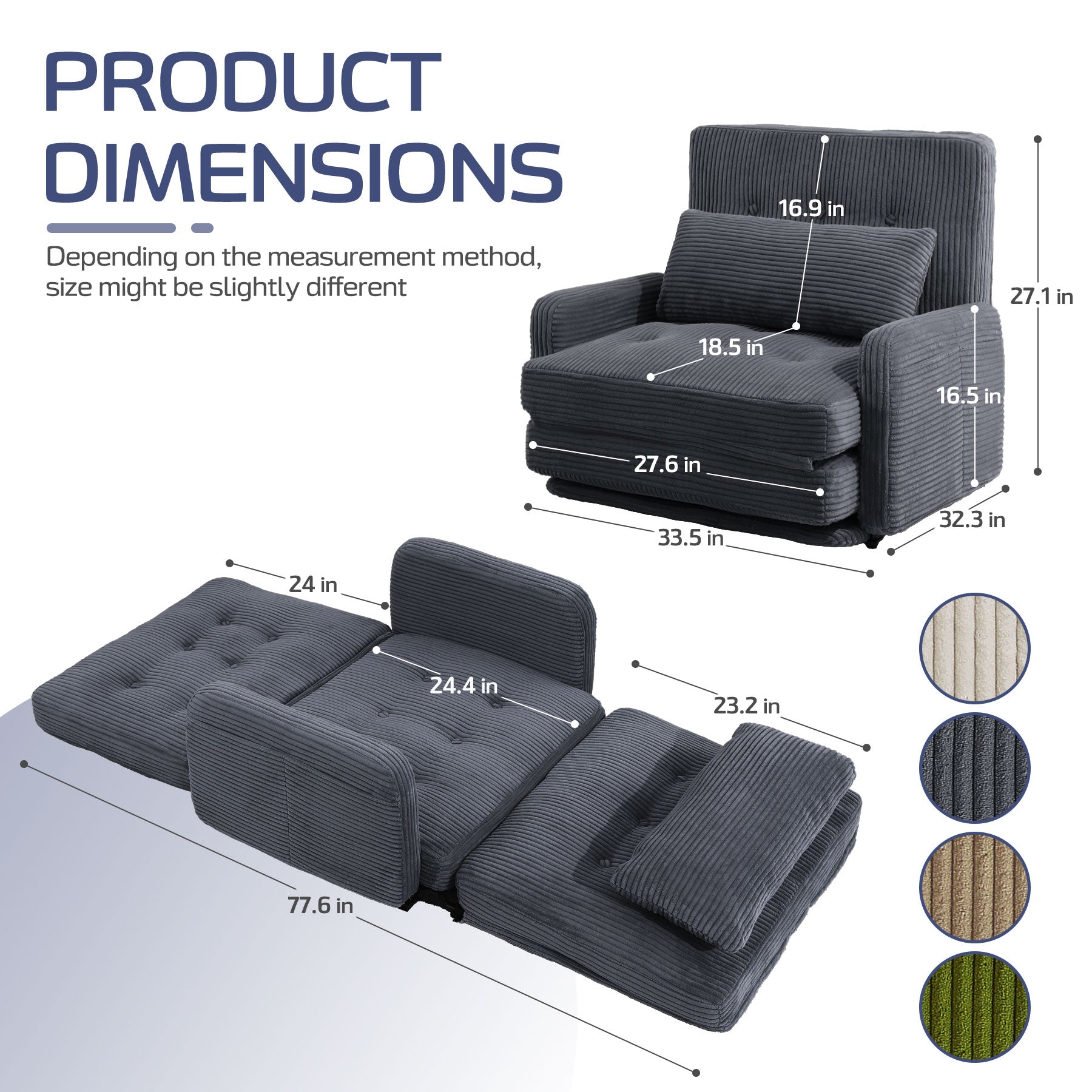 HomeMiYN Folding Sofa Bed, With 5-Position Adjustable Back Support
