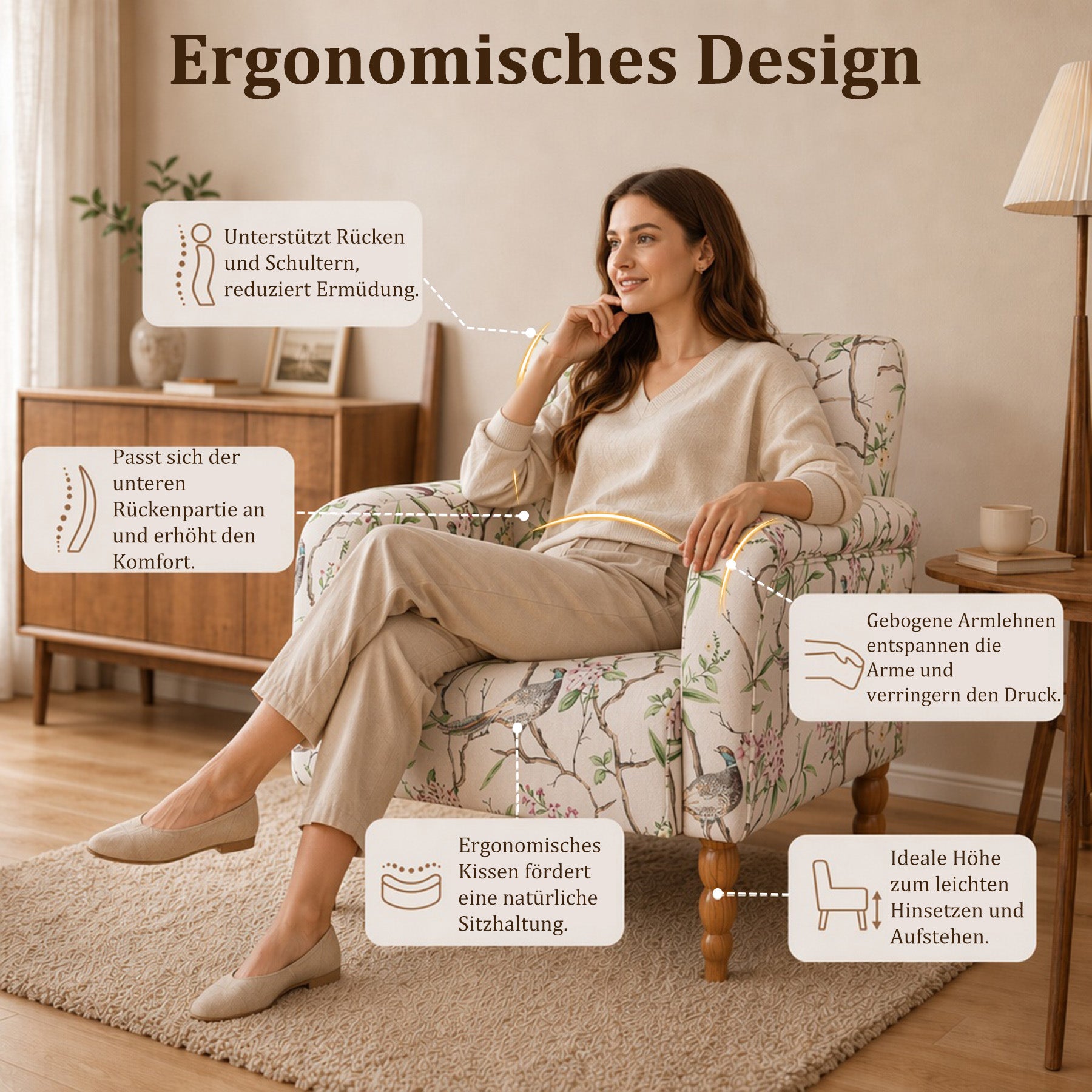 Polstersessel mit Blumenmuster, Vintage Akzentstuhl | Elegantes Blumenmuster, bequeme Polsterung und stabile Holzbeine, ideal für Wohnzimmer, Schlafzimmer und Leseecke.