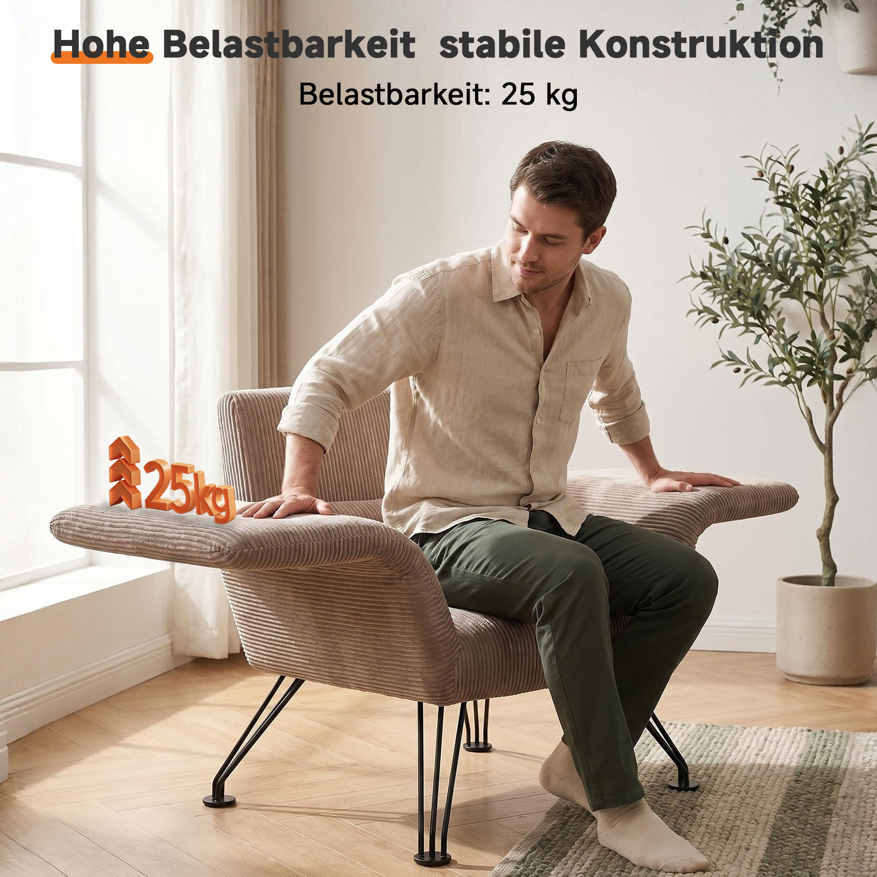 Moderner Loungesessel, Grau, Gestreifter Stoff, Metallbeine, Bequemer Relaxsessel mit Kissen,Geeignet für Wohnzimmer, Schlafzimmer und Balkon