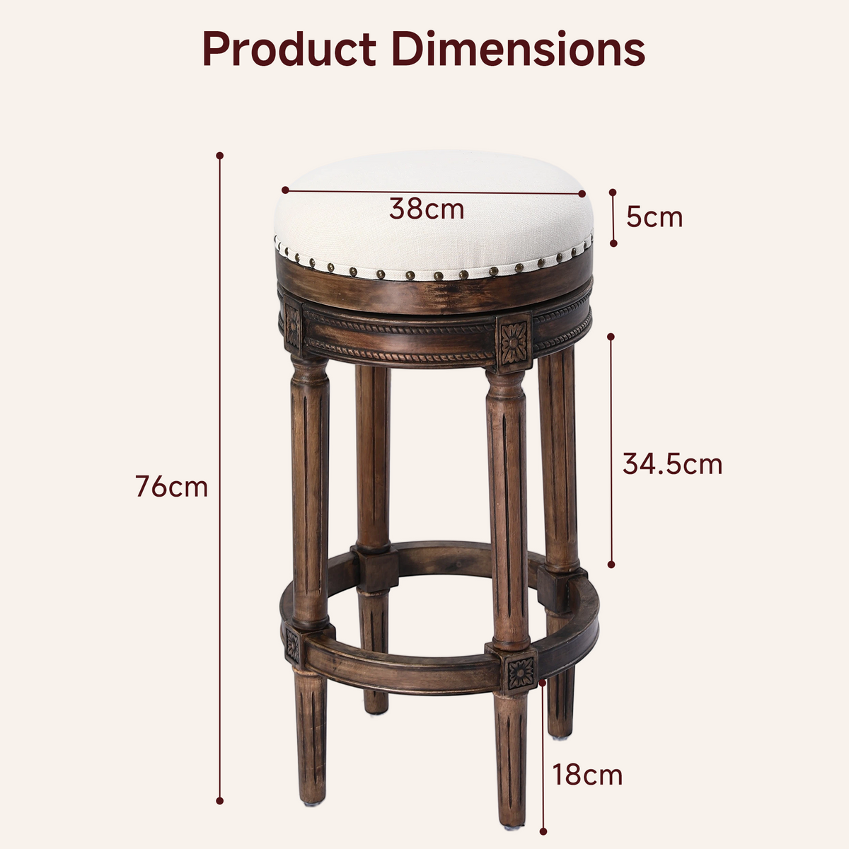 HomeMiYN Wooden Swivel Bar Stool Upholstered Retro Design with Studs