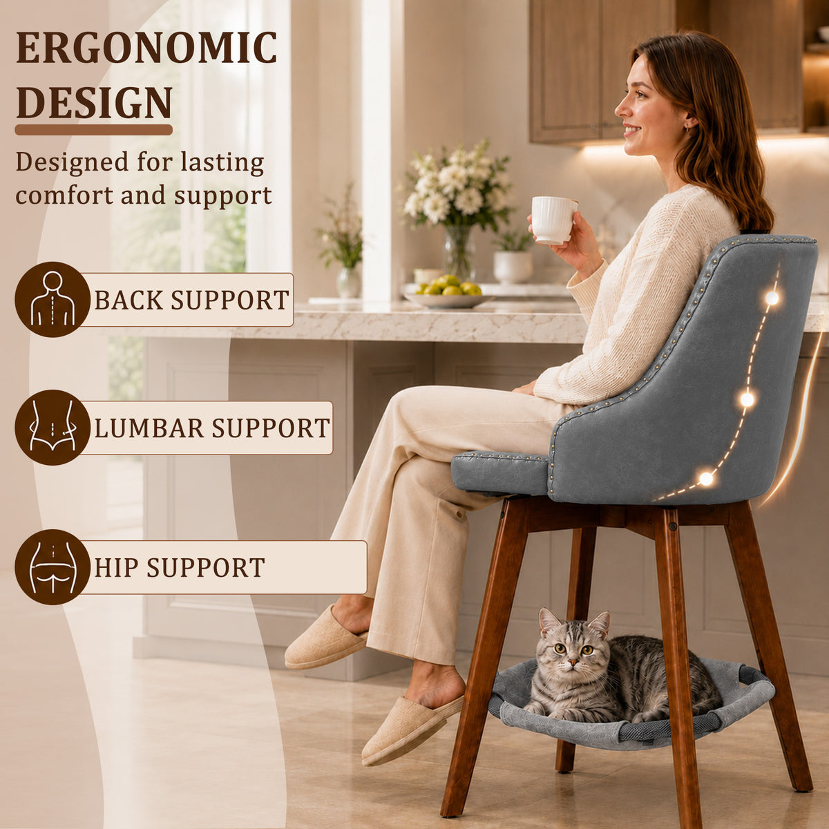 HomeMiYN Set of 2 Wooden Rotatable Padded Bar Stools with Pet Cave