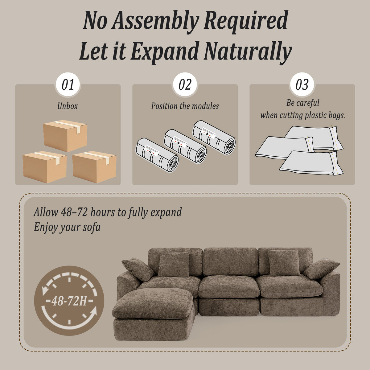 HomeMiYN 281cm 3-Seater L-Shaped Modular Corner Sofa, Chenille Fabric, Non-Vacuum Packaged