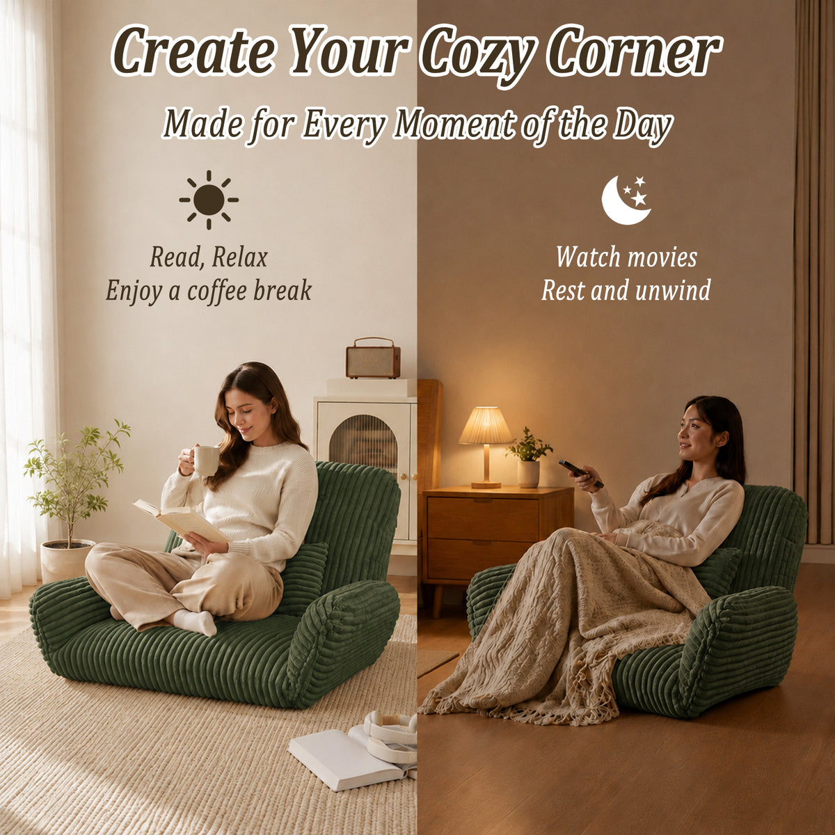 HomeMiYN Striped Plush Foldable Lazy Recliner Armchair with Cushion for Living Room and Bedroom