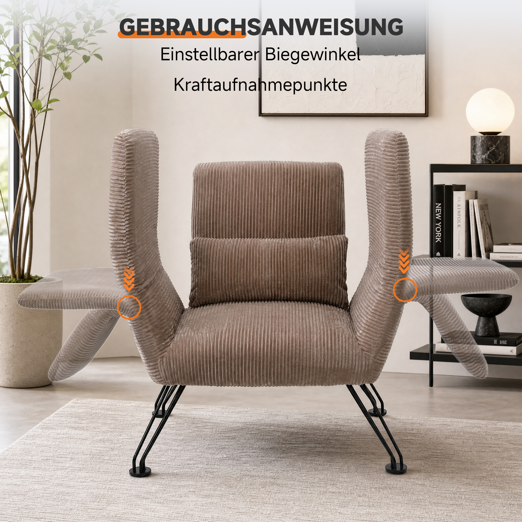 Moderner Loungesessel, Grau, Gestreifter Stoff, Metallbeine, Bequemer Relaxsessel mit Kissen,Geeignet für Wohnzimmer, Schlafzimmer und Balkon