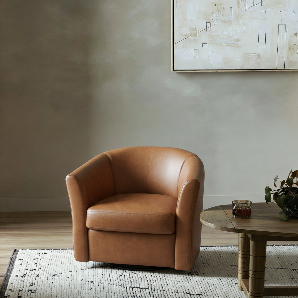 Pre Order - Madison Modern Cognac Faux Leather Swivel Barrel Armchair