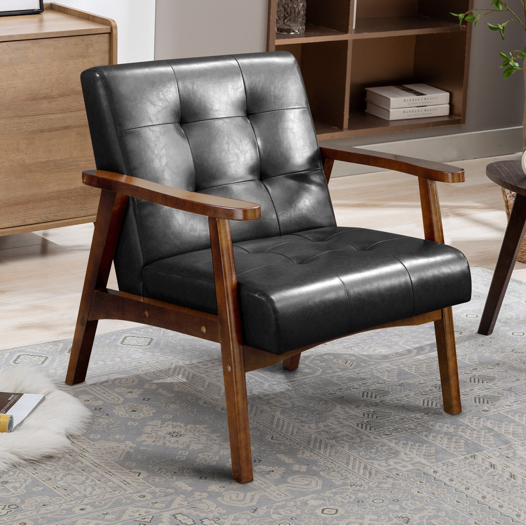 HomeMiYN Mid-Century Armchairs Retro Tufted Faux Leather Accent Chair